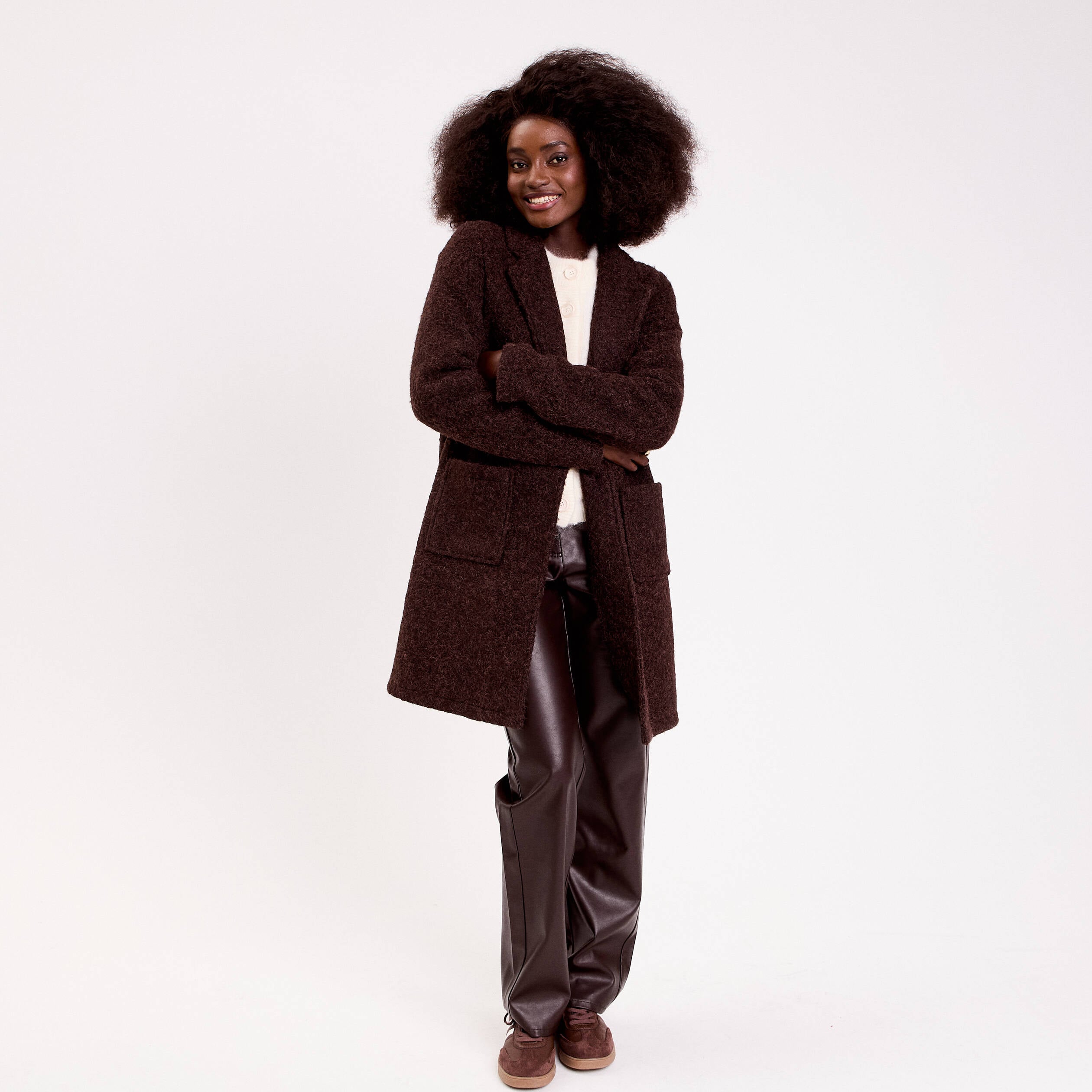 Manteau bouclette marron fonc&eacute; femme