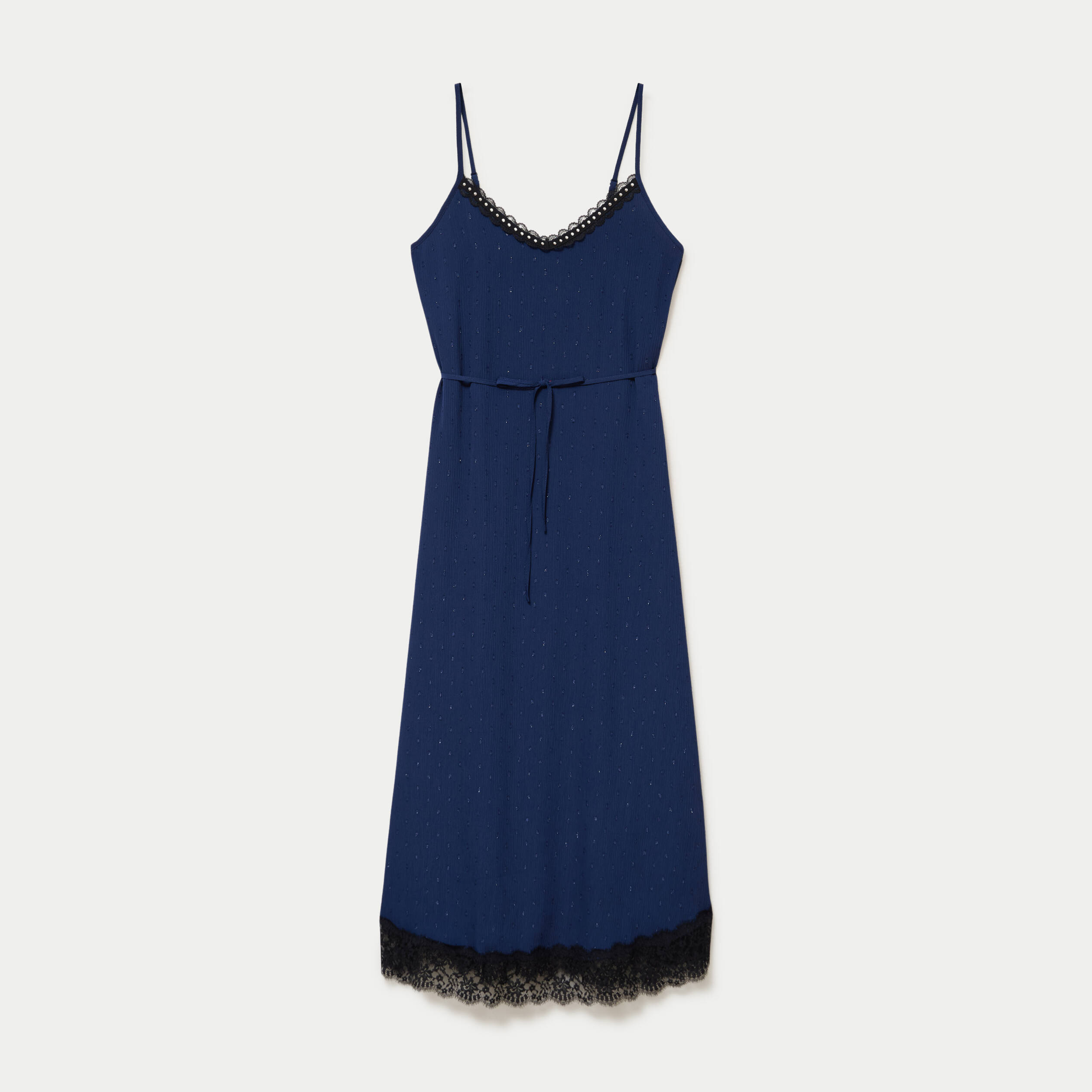 Robe longue &eacute;vas&eacute;e col v dentelle bleu marine femme