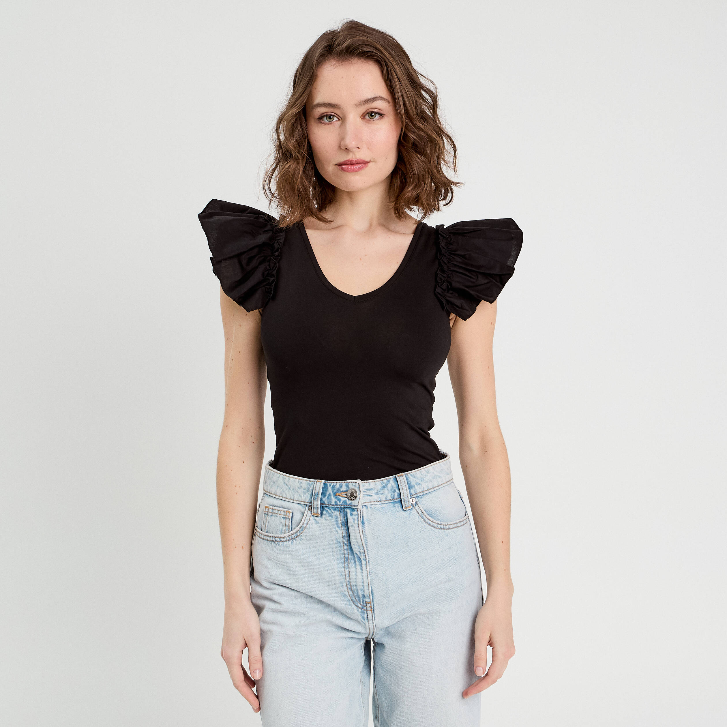 Pull Effet Wrap Avec Volants Cyrillus – Noir, Taille 128 – Occasion Très Bon état