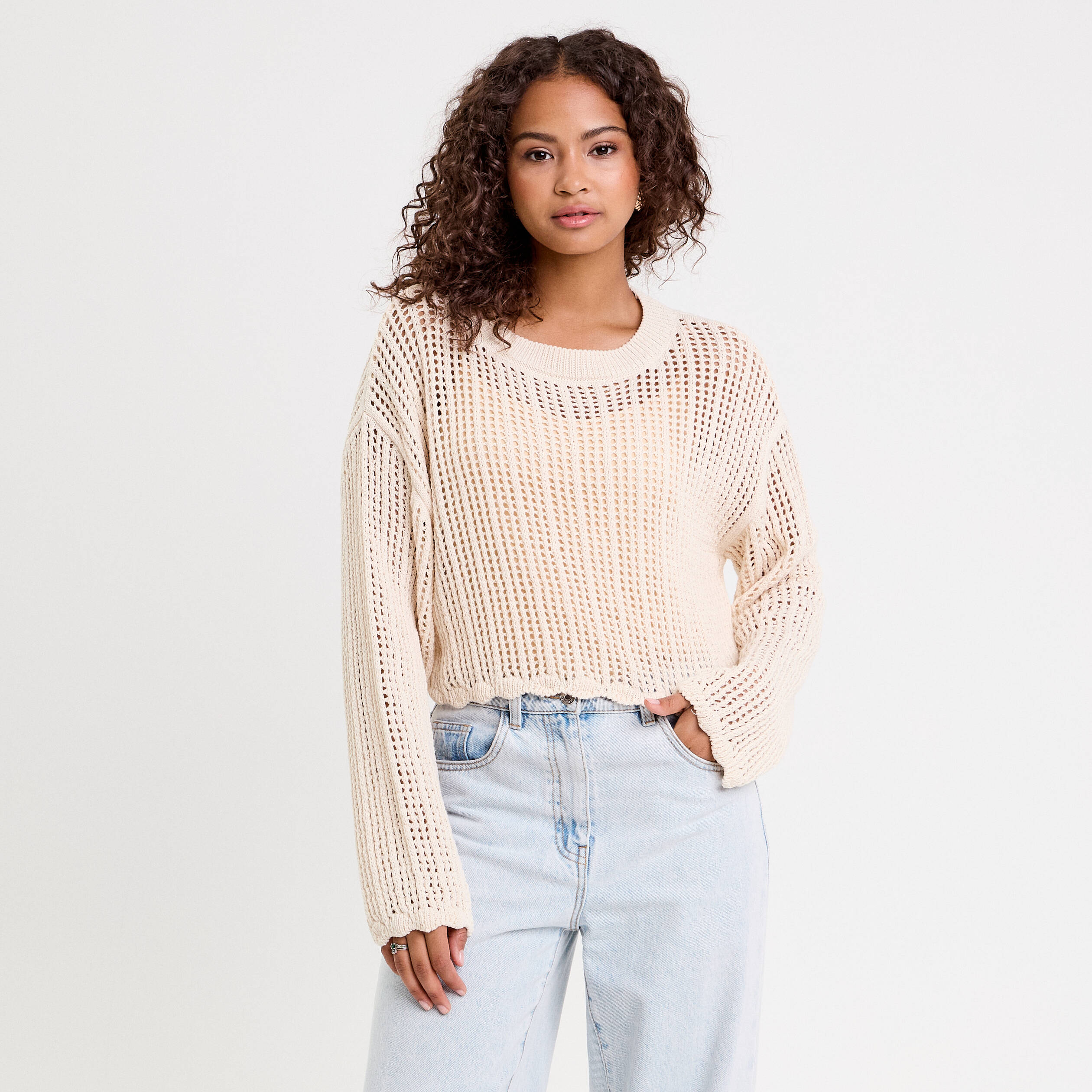 pull ajoure col rond manches longues ecru femme Pull ajouré col rond manches longues ecru femme