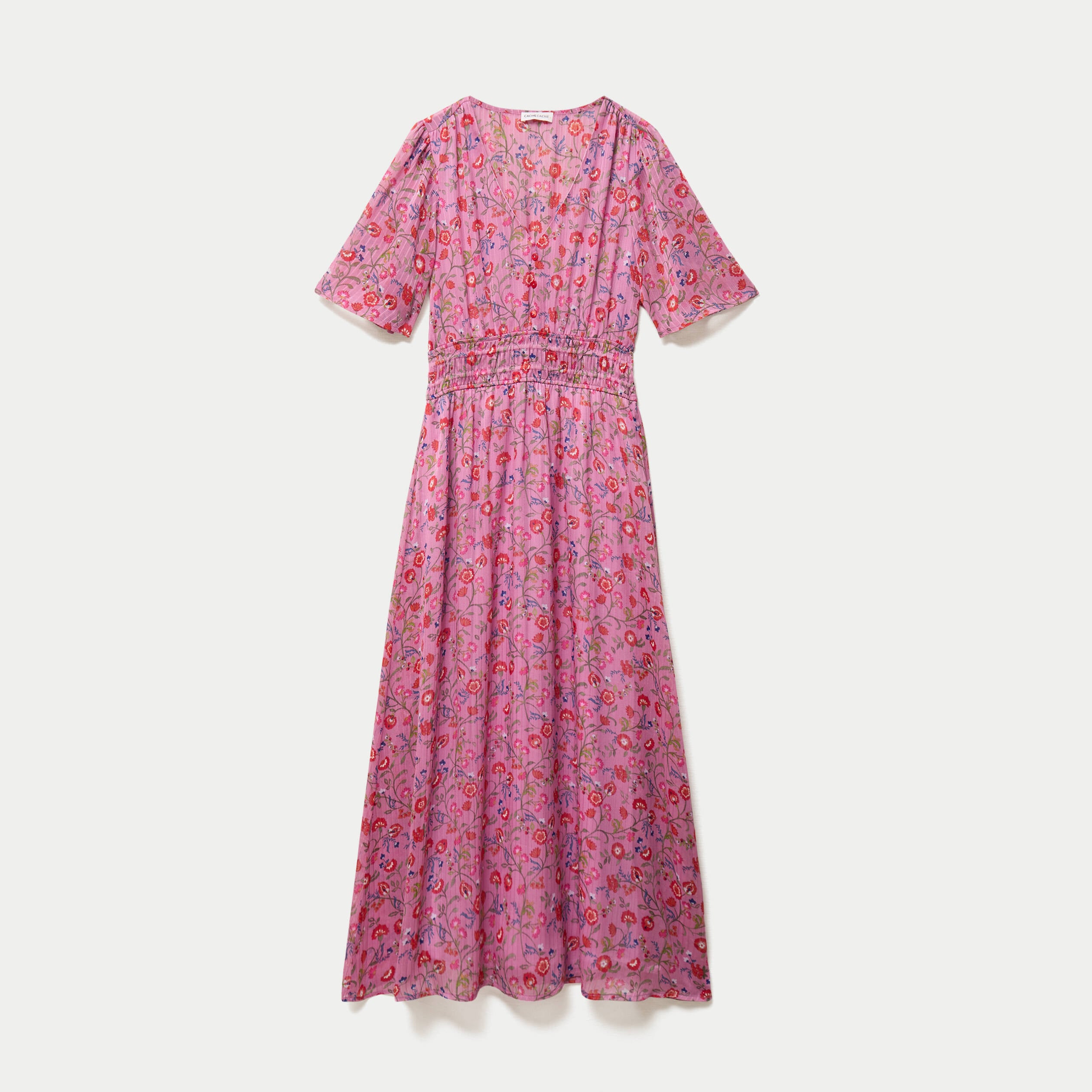 Robe longue &eacute;vas&eacute;e voile manches courtes rose femme