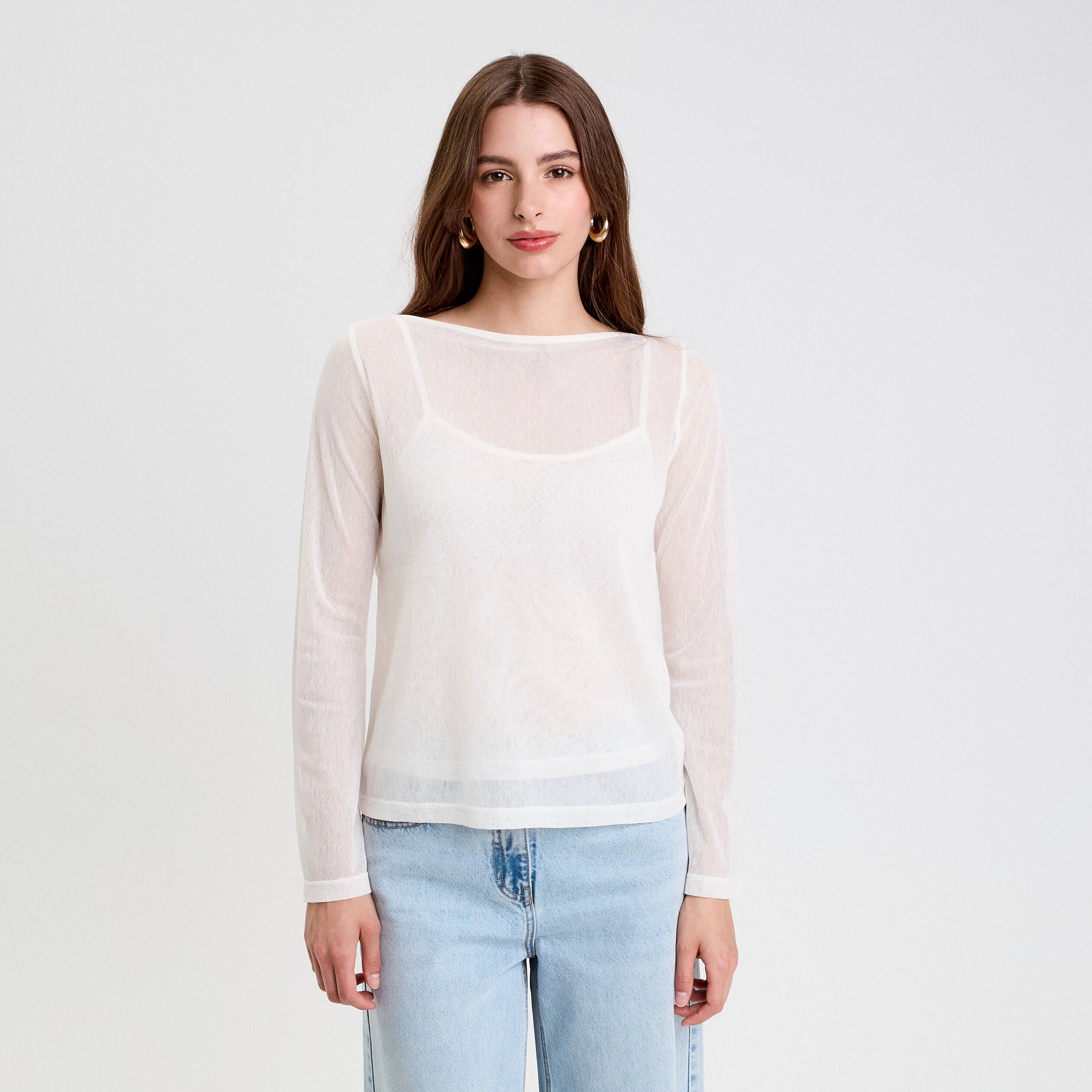 Top transparent col rond manches longues ecru femme