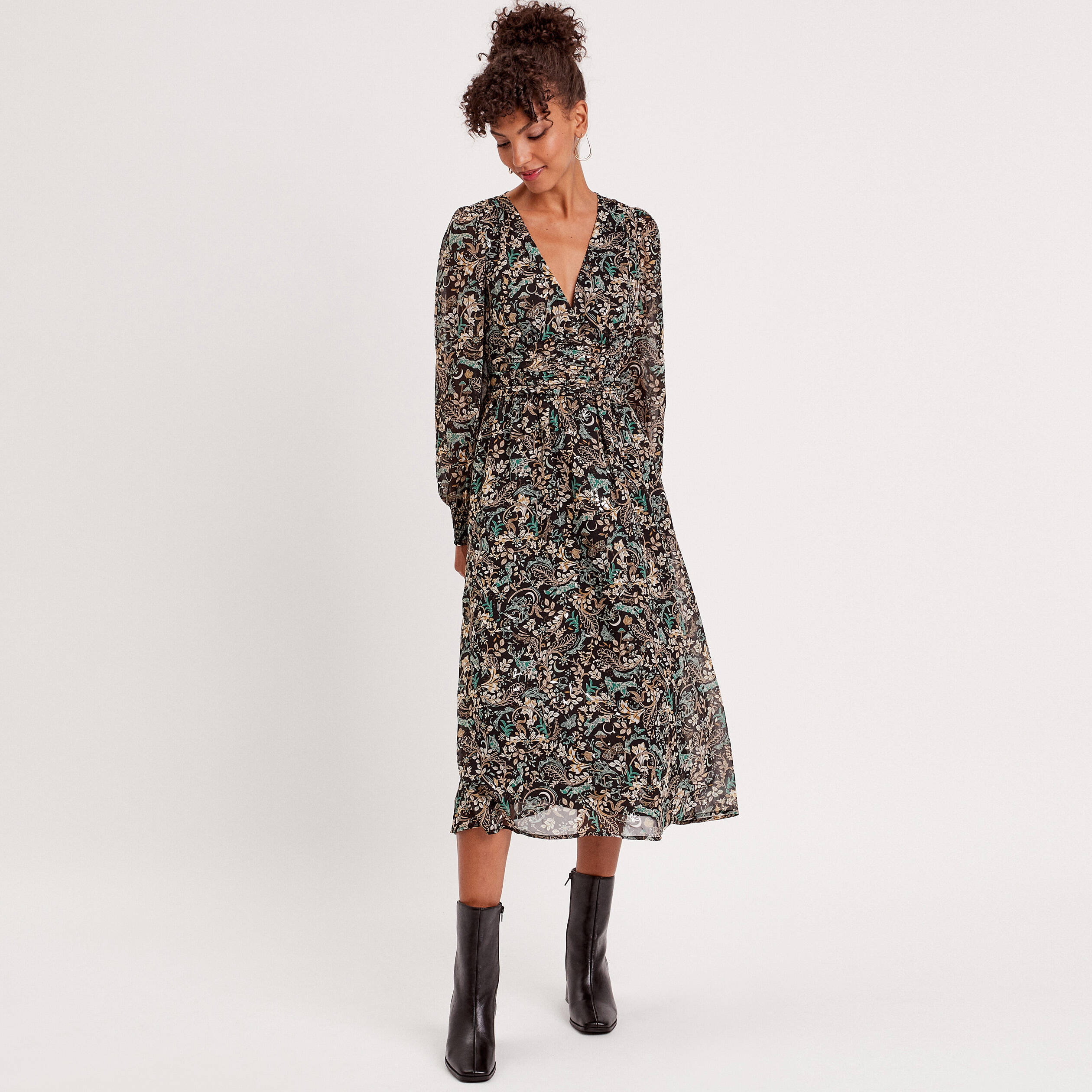 Robe midi évasée col en V noir femme