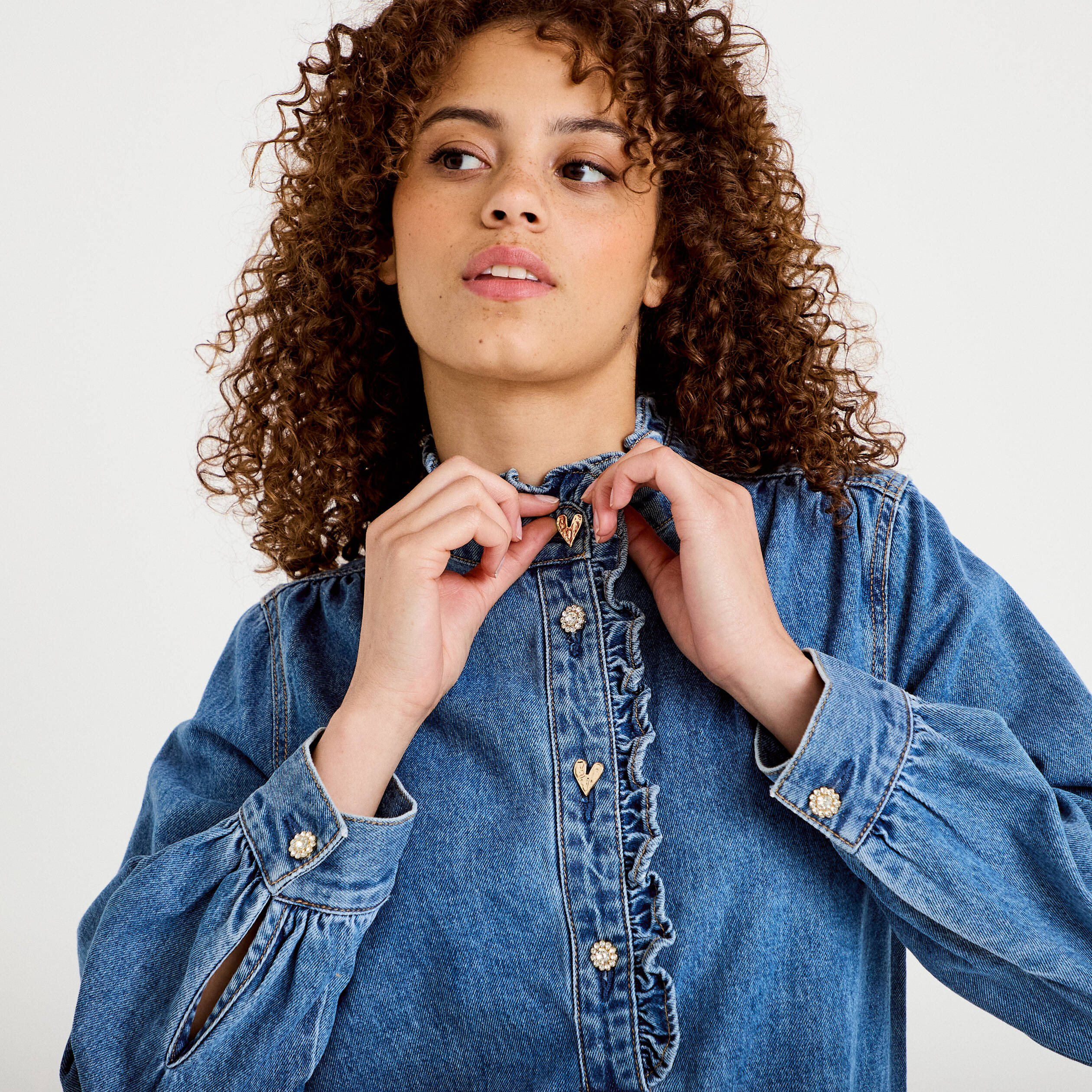 Robe &eacute;vas&eacute;e jean col montant denim double stone femme