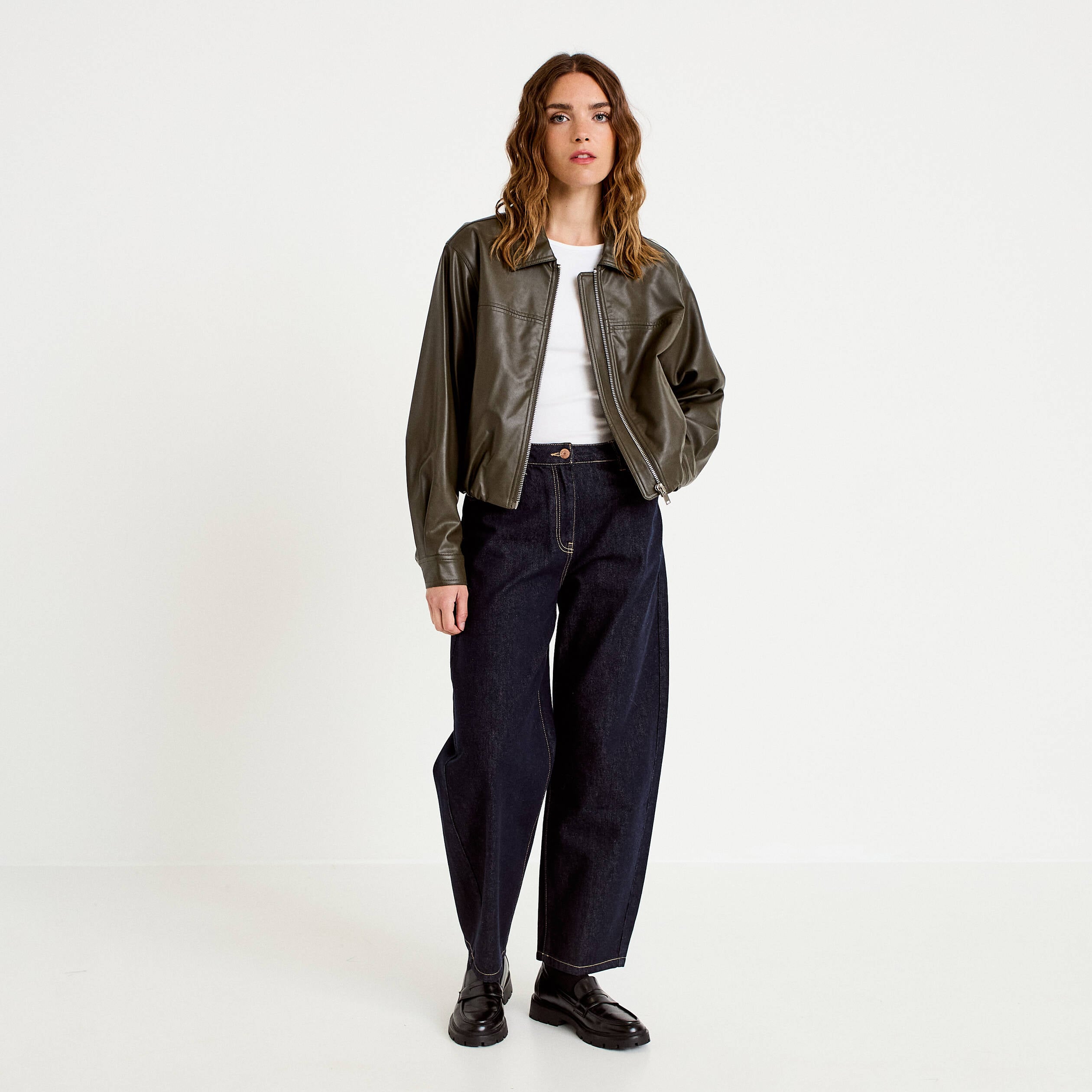Veste effet boule manches longues vert kaki femme