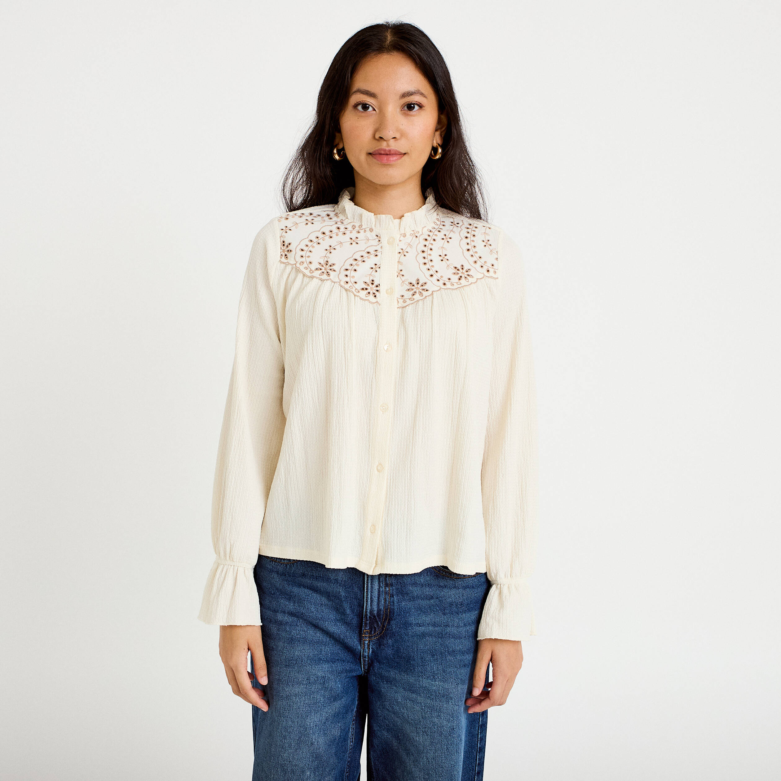 Blouse droite manches longues pliss&eacute;e ivoire femme