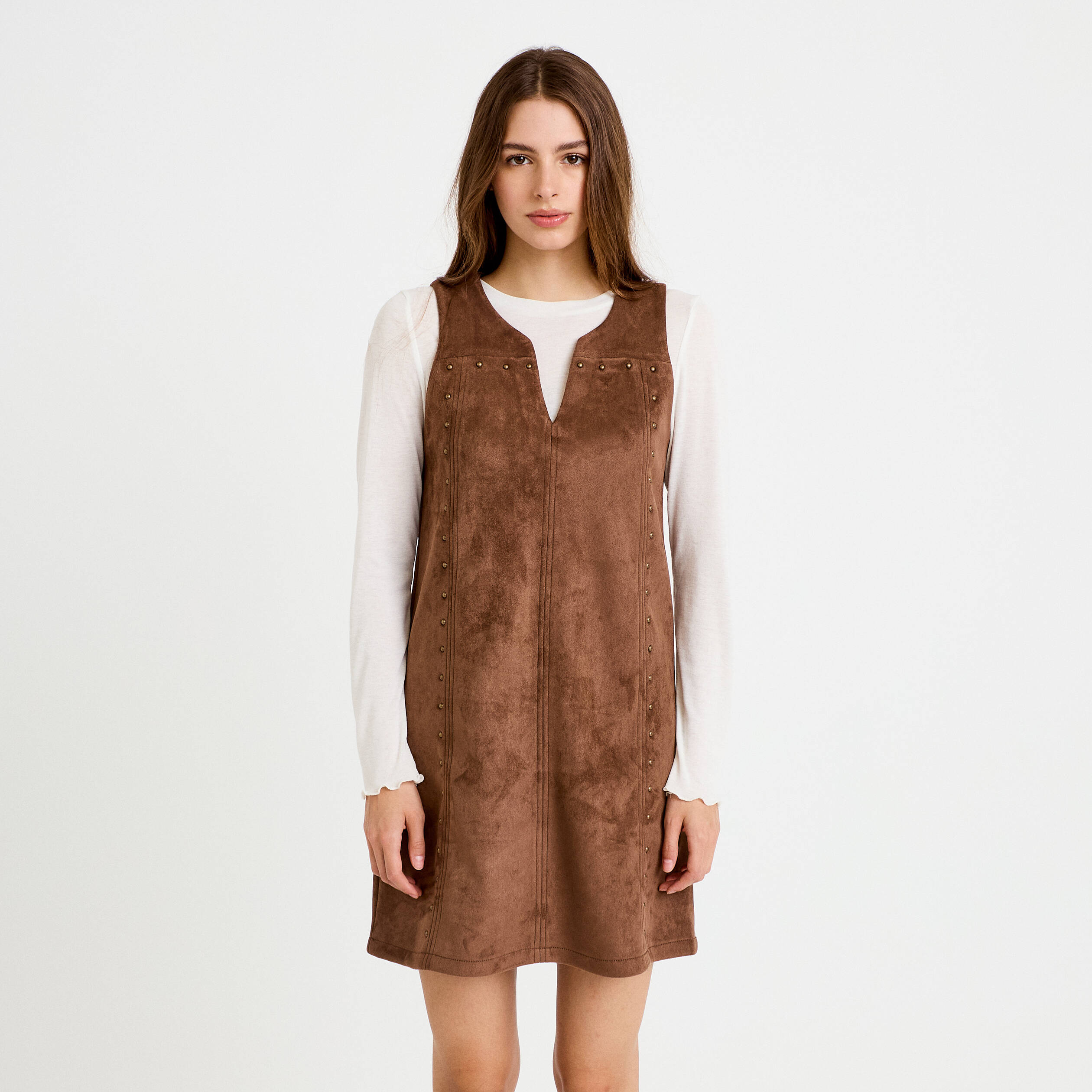 Robe droite courte sans manches col rond marron femme