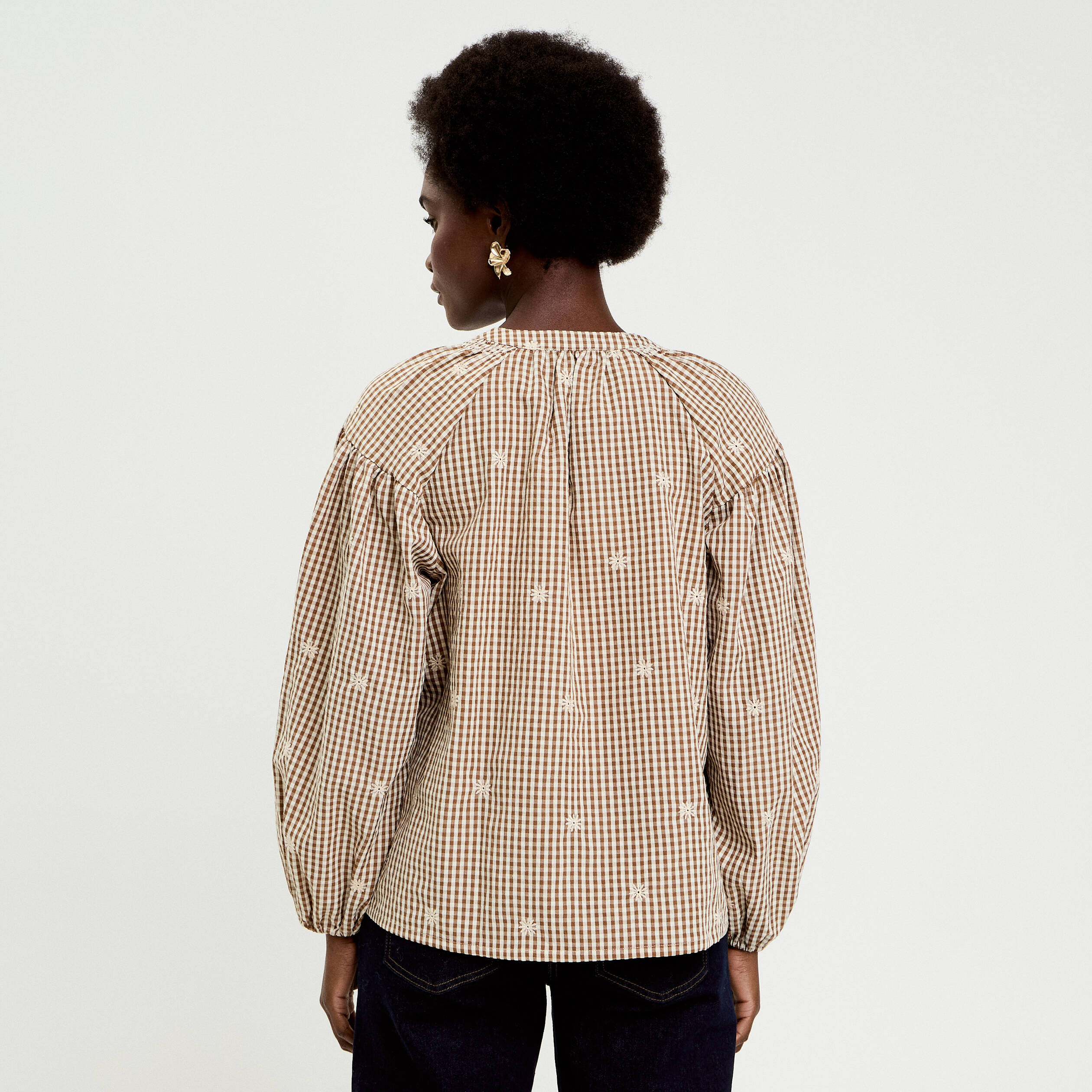 Blouse vichy brod&eacute;e blanc femme