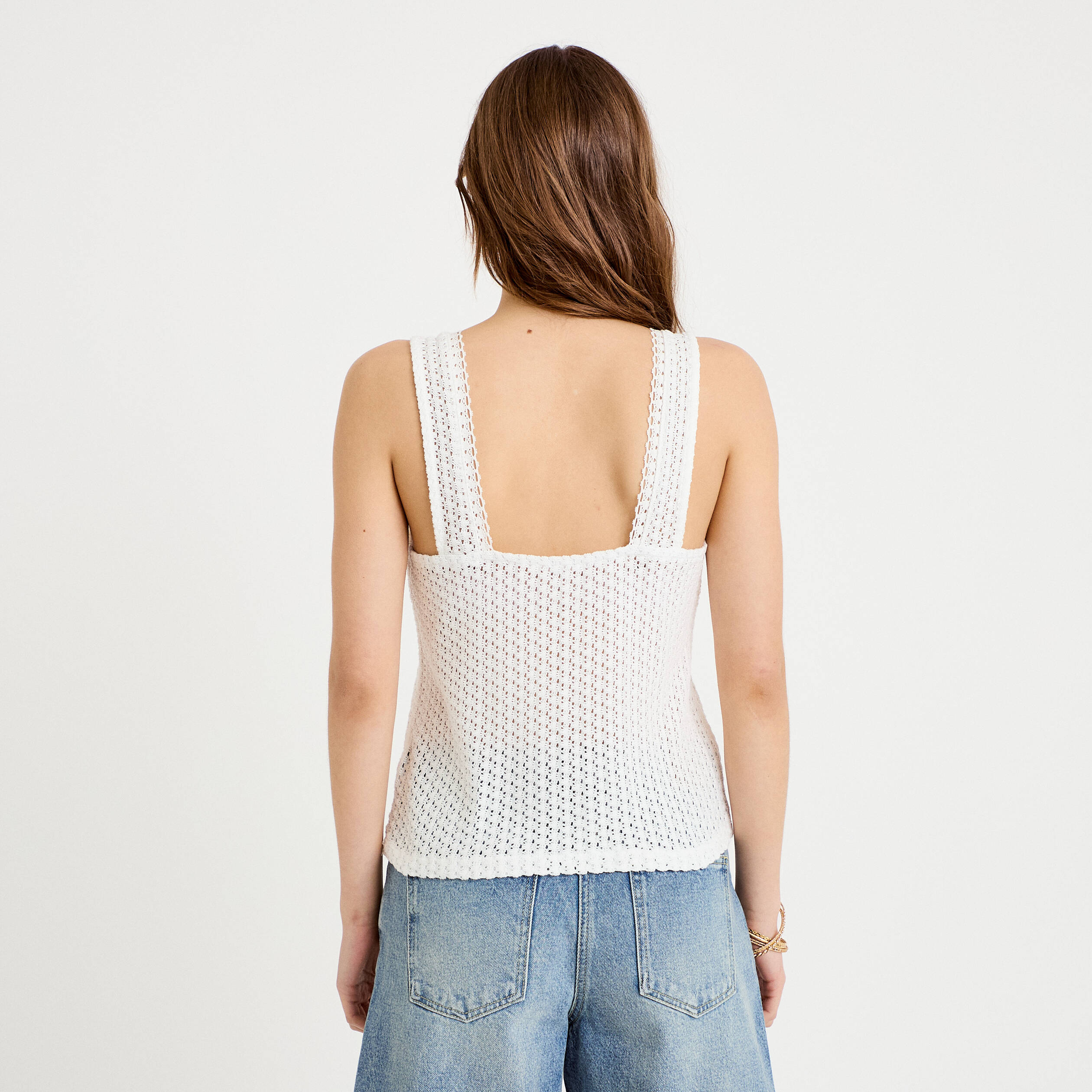 D&eacute;bardeur ajour&eacute; aspect dentelle col v ecru femme