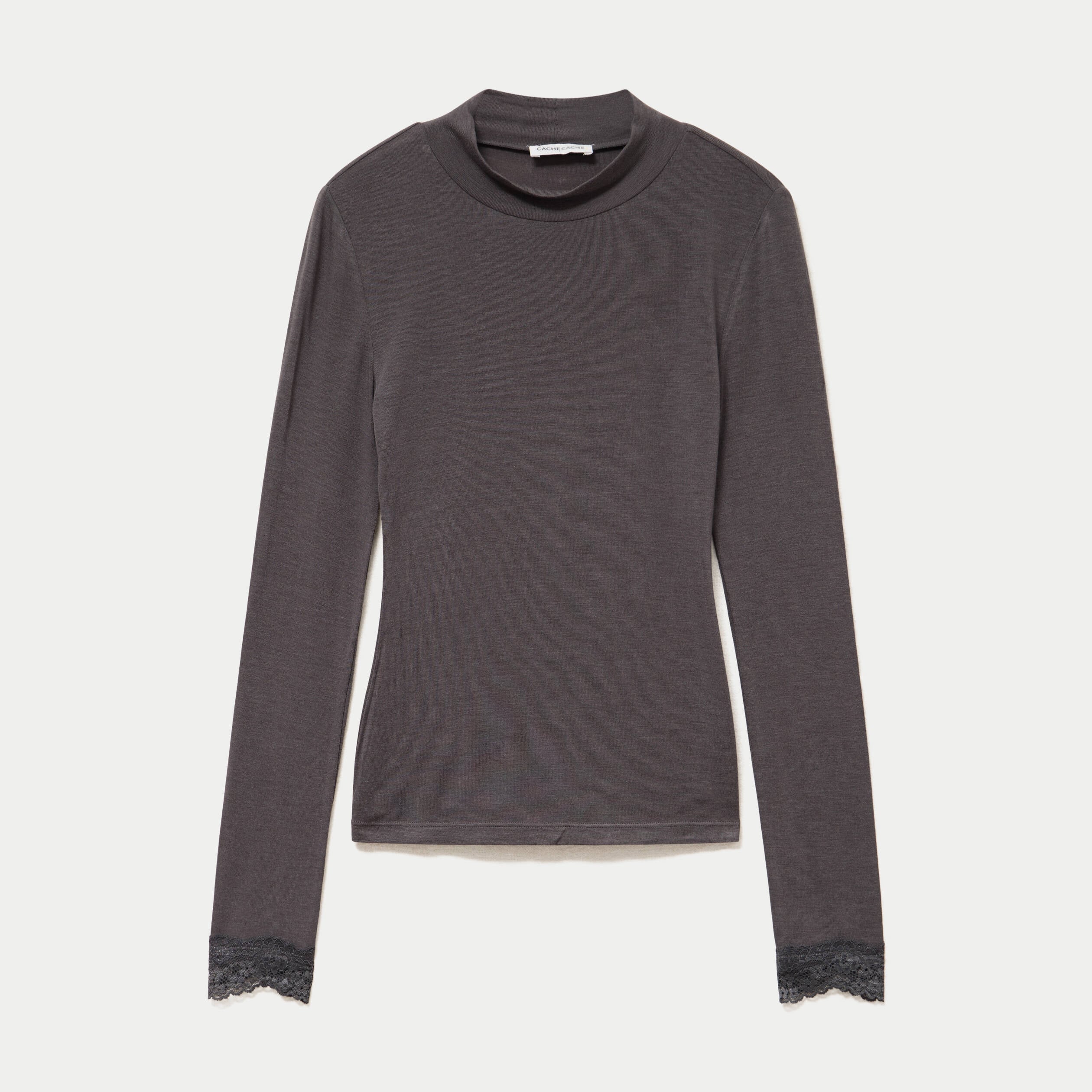 T-shirt ajust&eacute; col roul&eacute; dentelle gris fonc&eacute; femme
