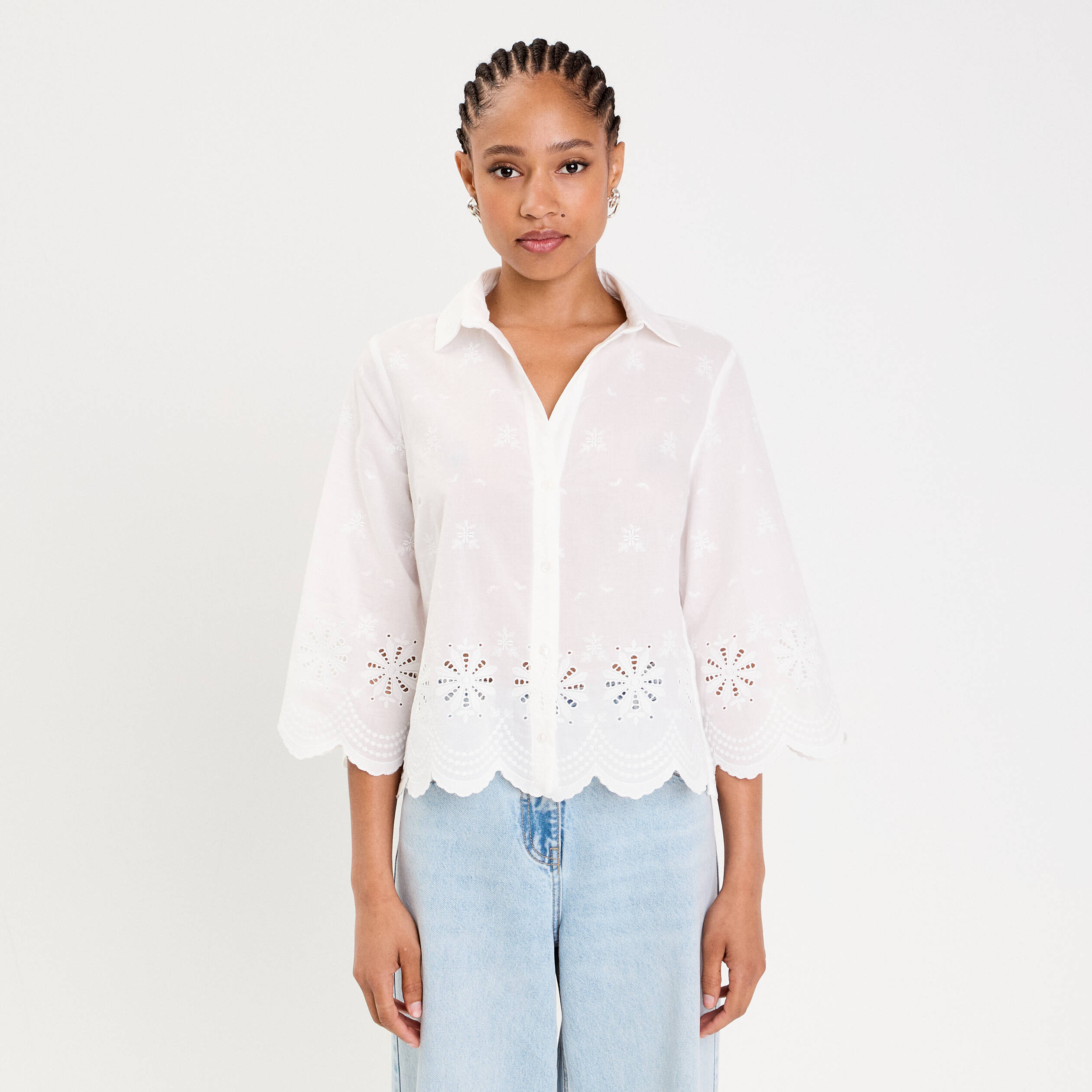 Blouse droite courte col chemise ecru femme Vibs