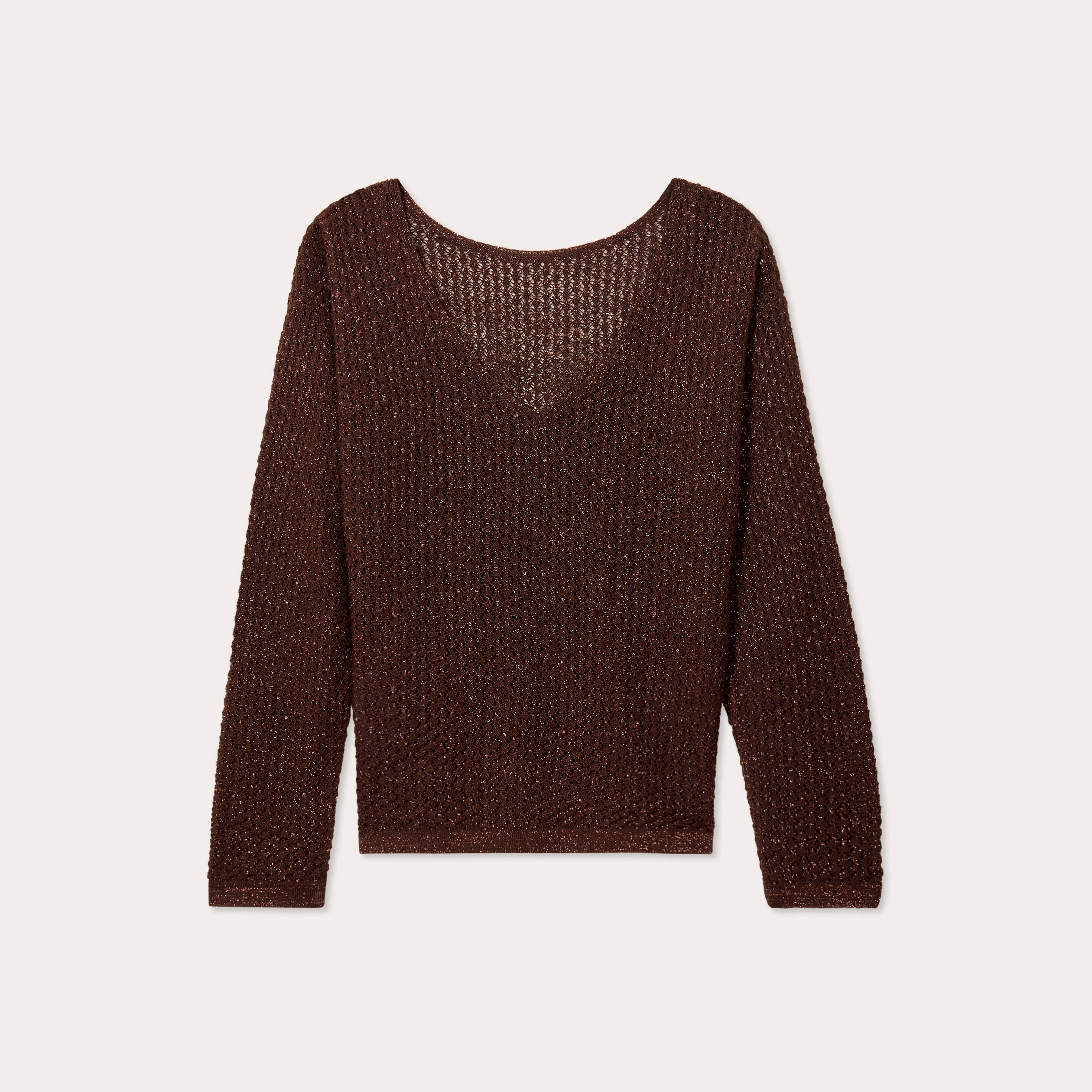 Pull ajour&eacute; manches longues marron fonc&eacute; femme