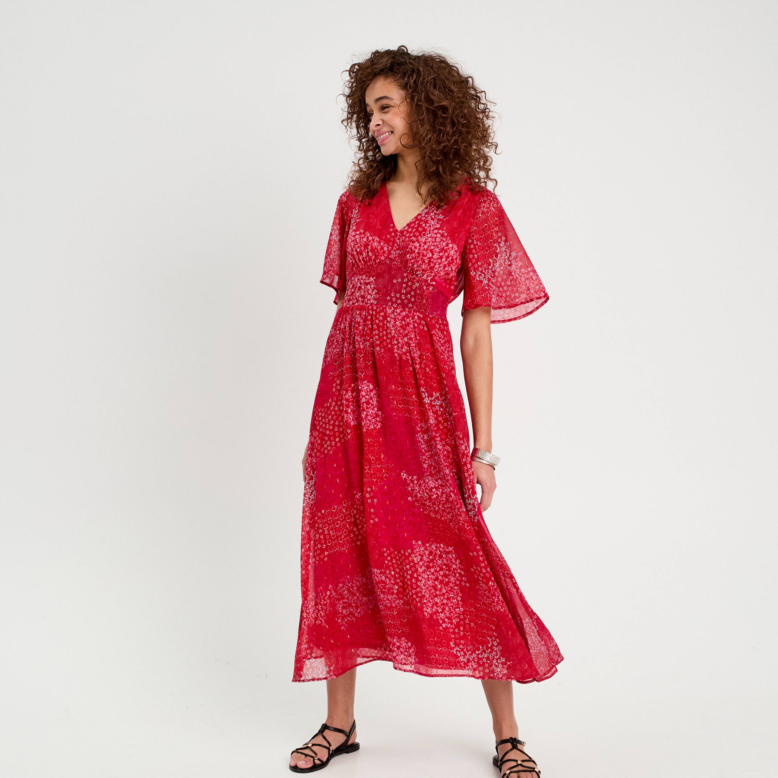 Robe longue &eacute;vas&eacute;e col en V rouge femme