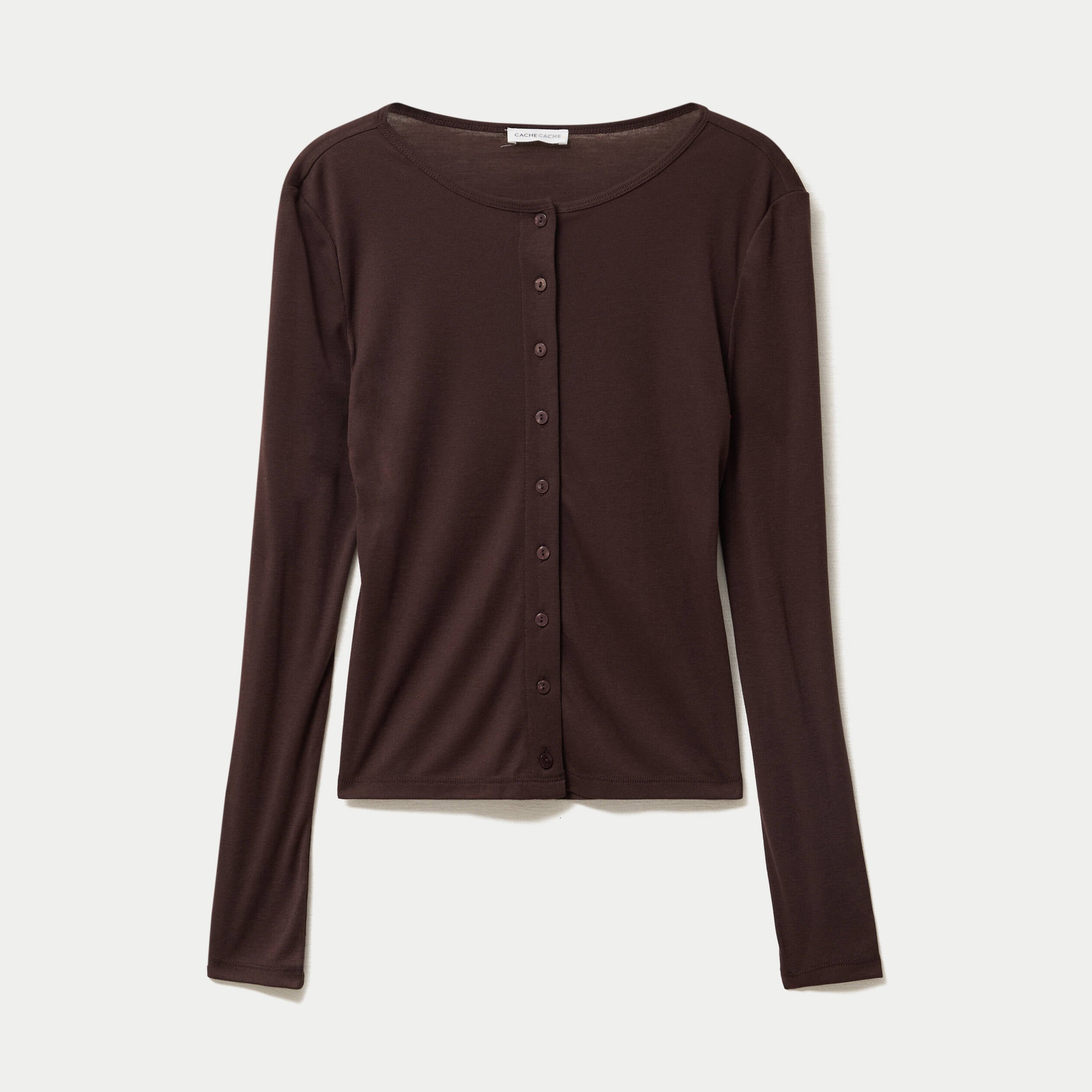 Gilet ajust&eacute; col rond manches longues marron fonc&eacute; femme