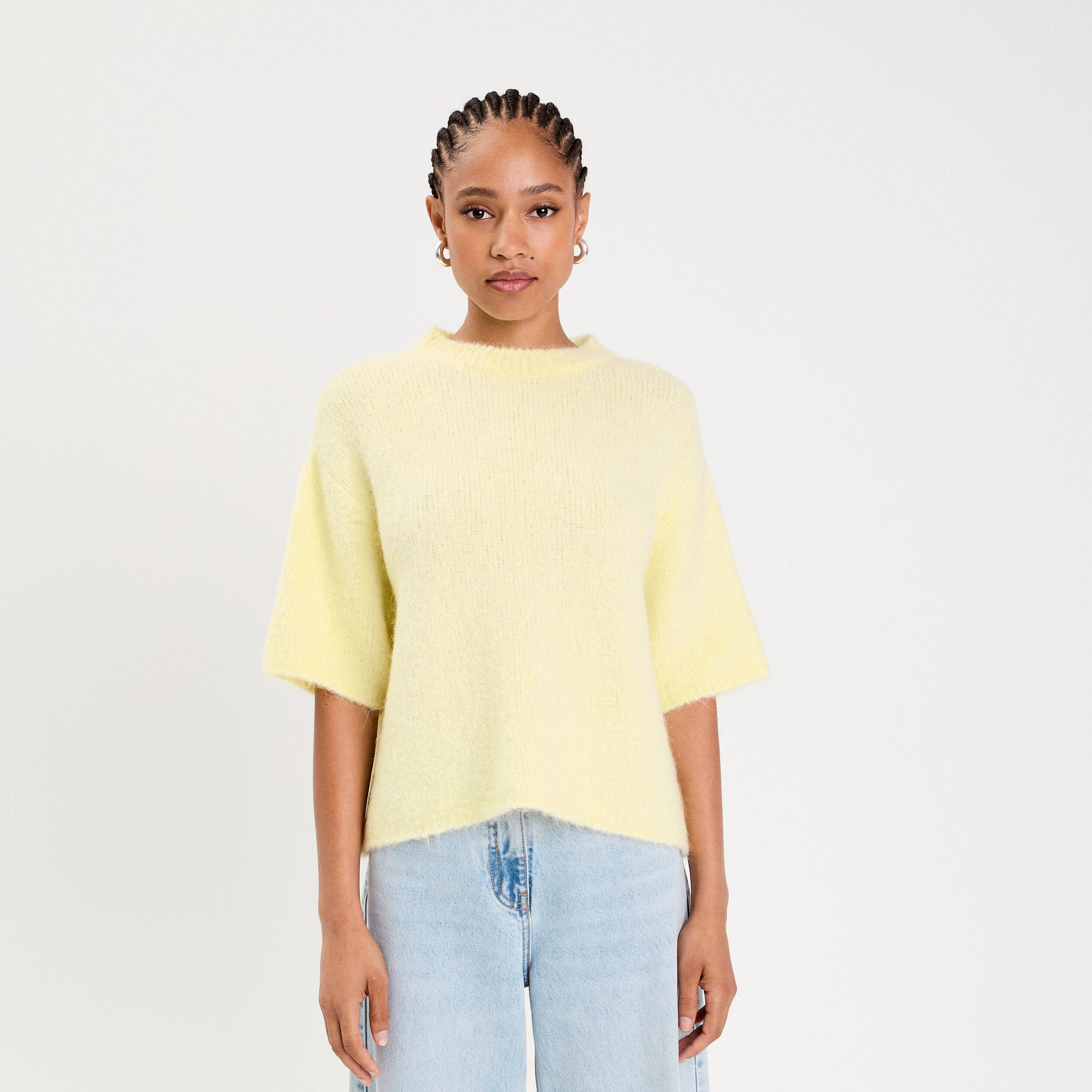 Pull manches courtes jaune clair femme