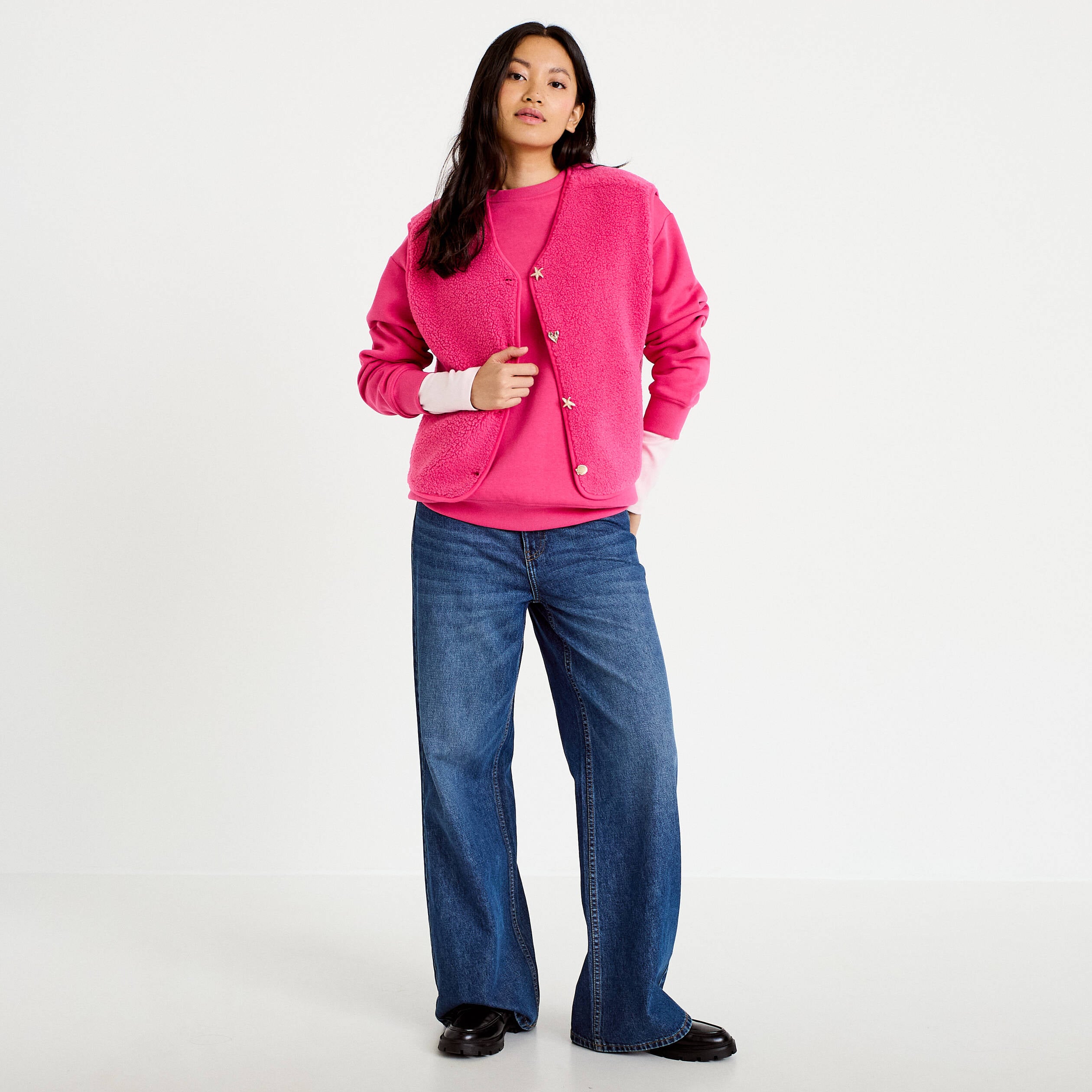 Sweat col rond manches longues rose fushia femme