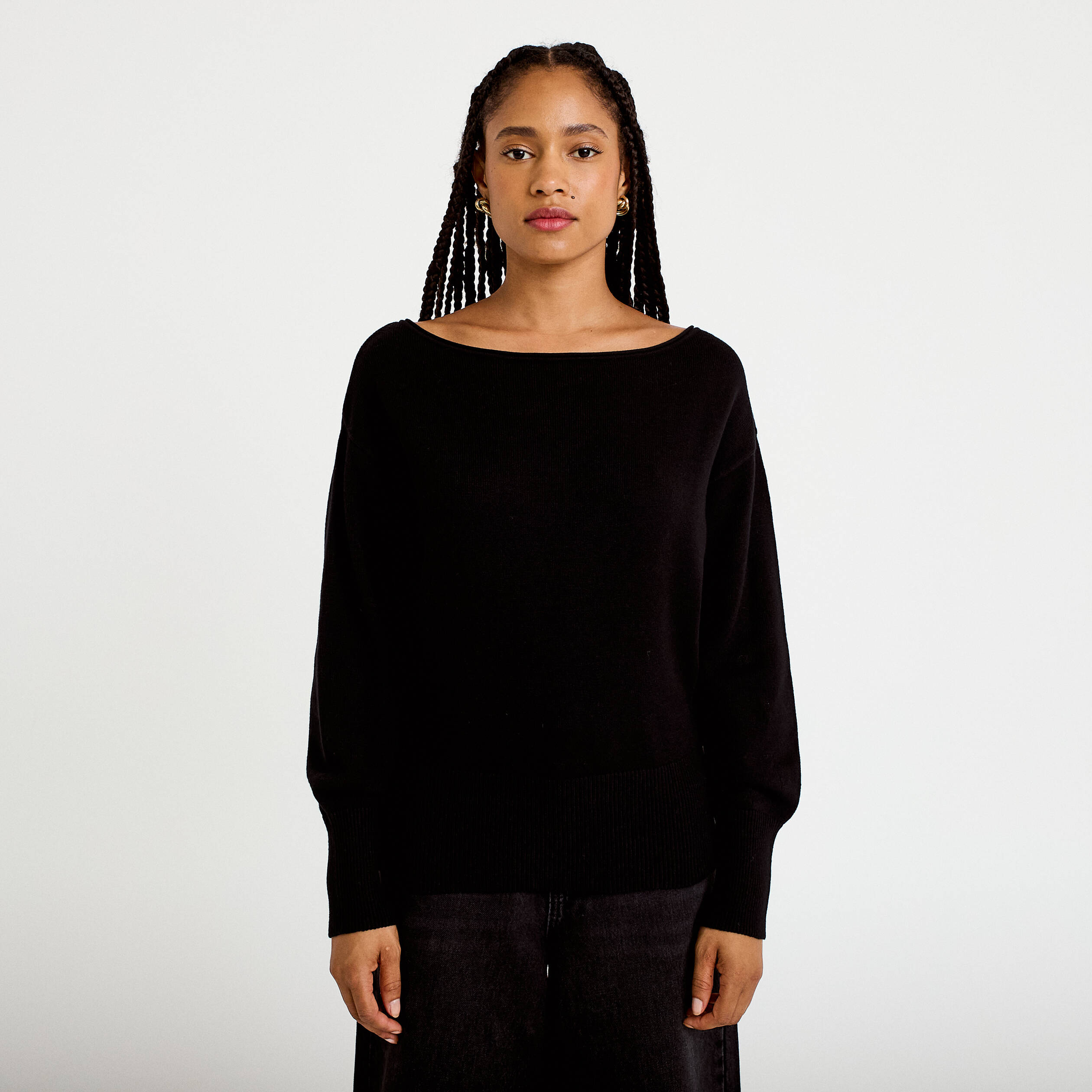 Pull oversize col bateau manches longues noir femme