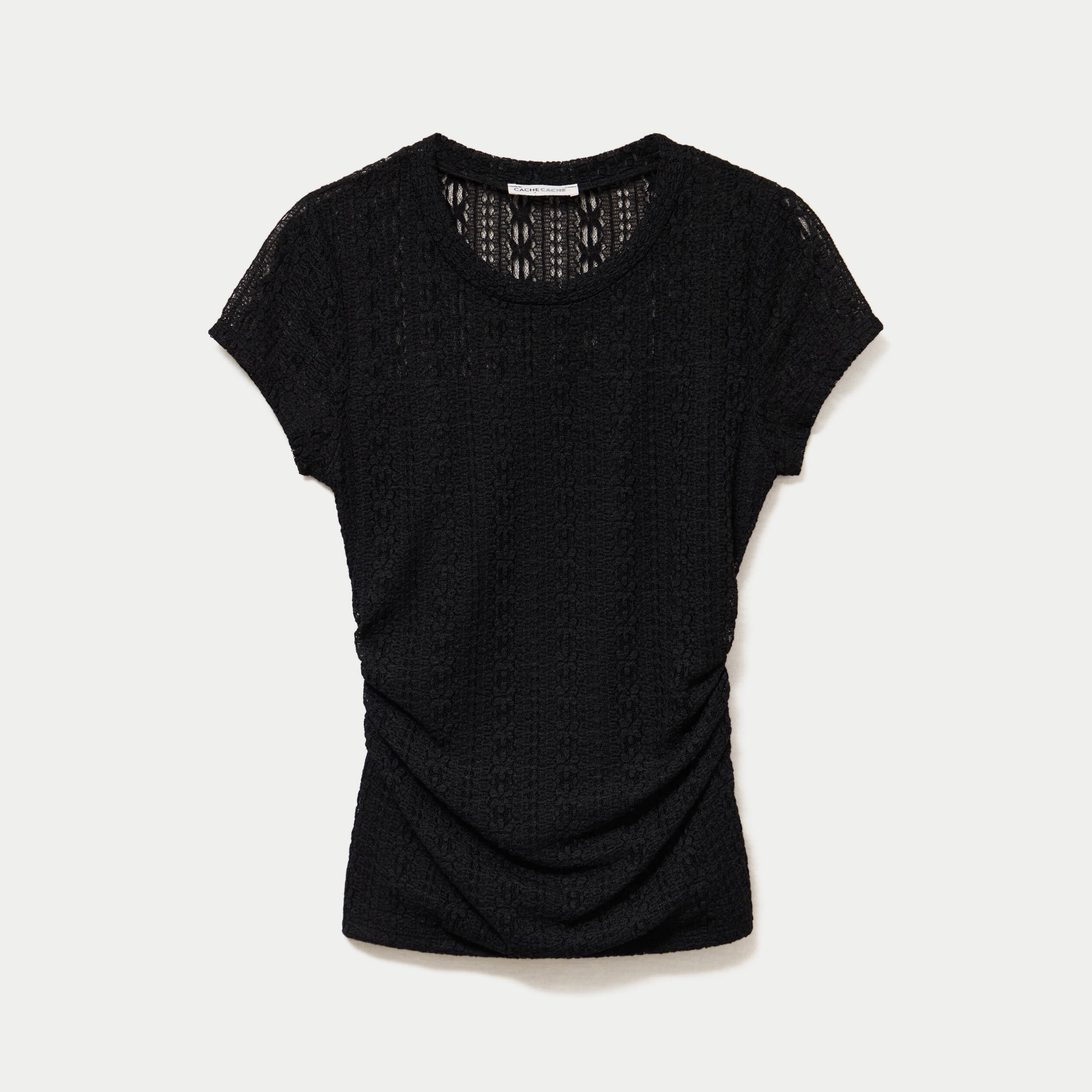 Top en dentelle col rond manches courtes noir femme
