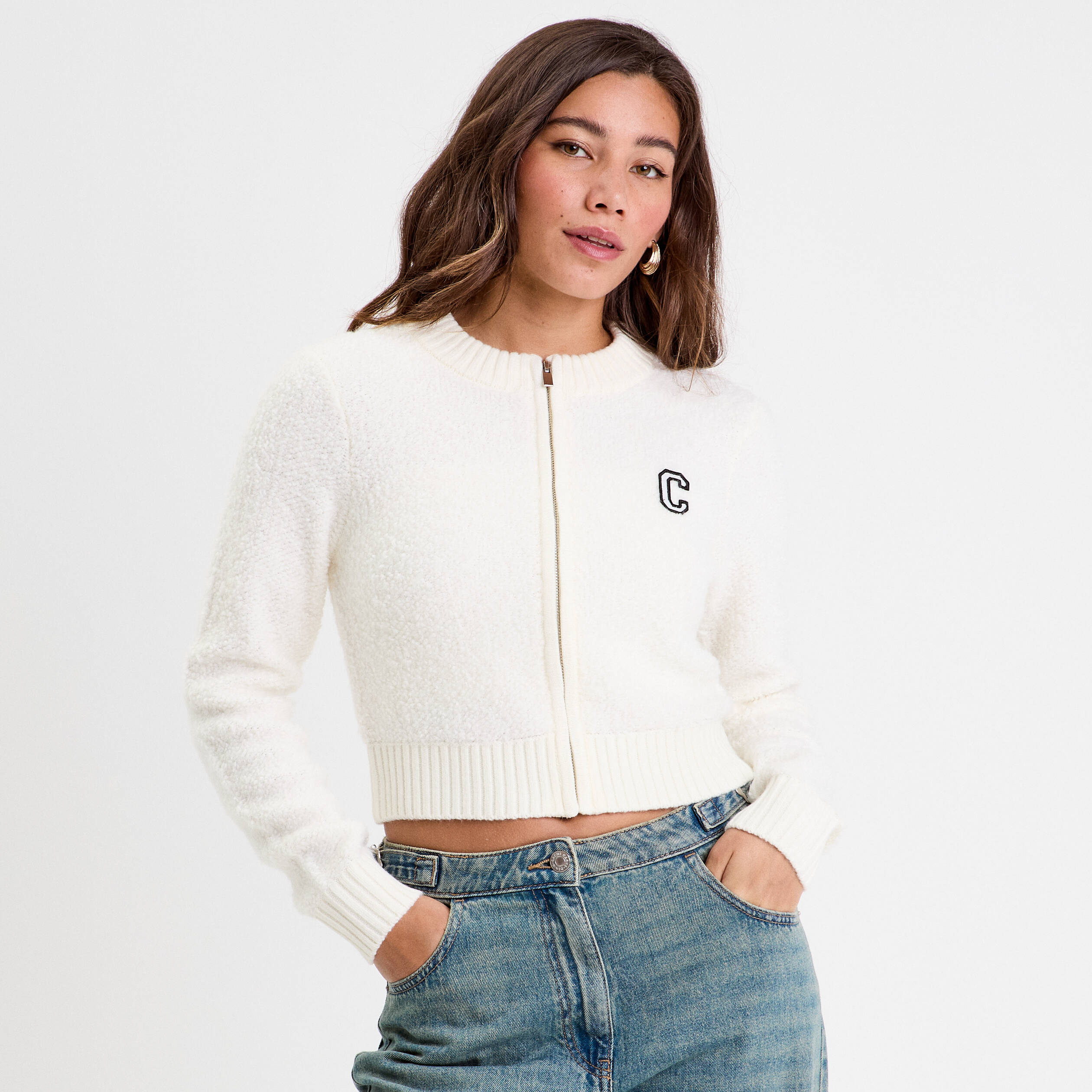 Veste courte ajust&eacute;e bouclette ecru femme