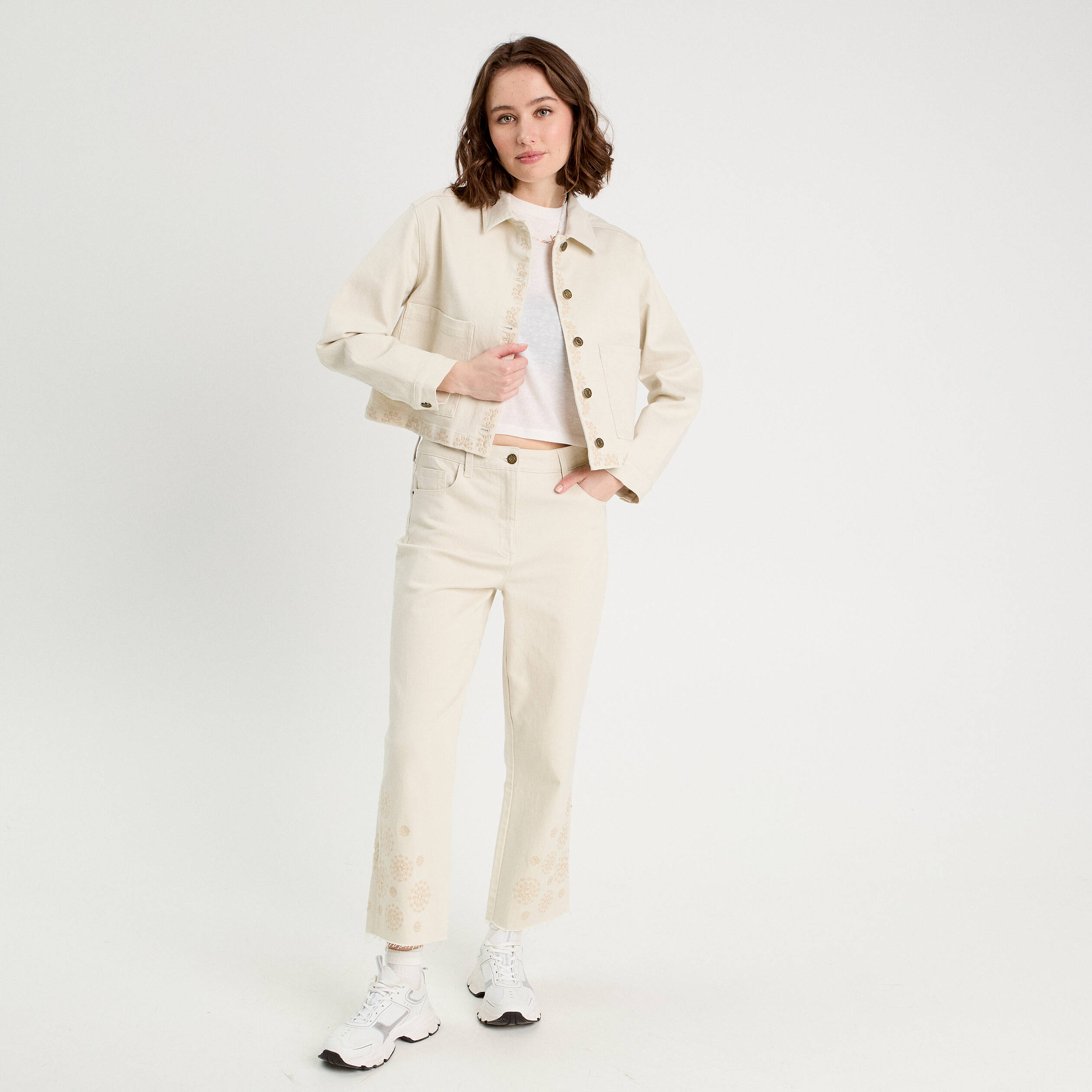 Pantalon large brodé 7/8ème ecru femme