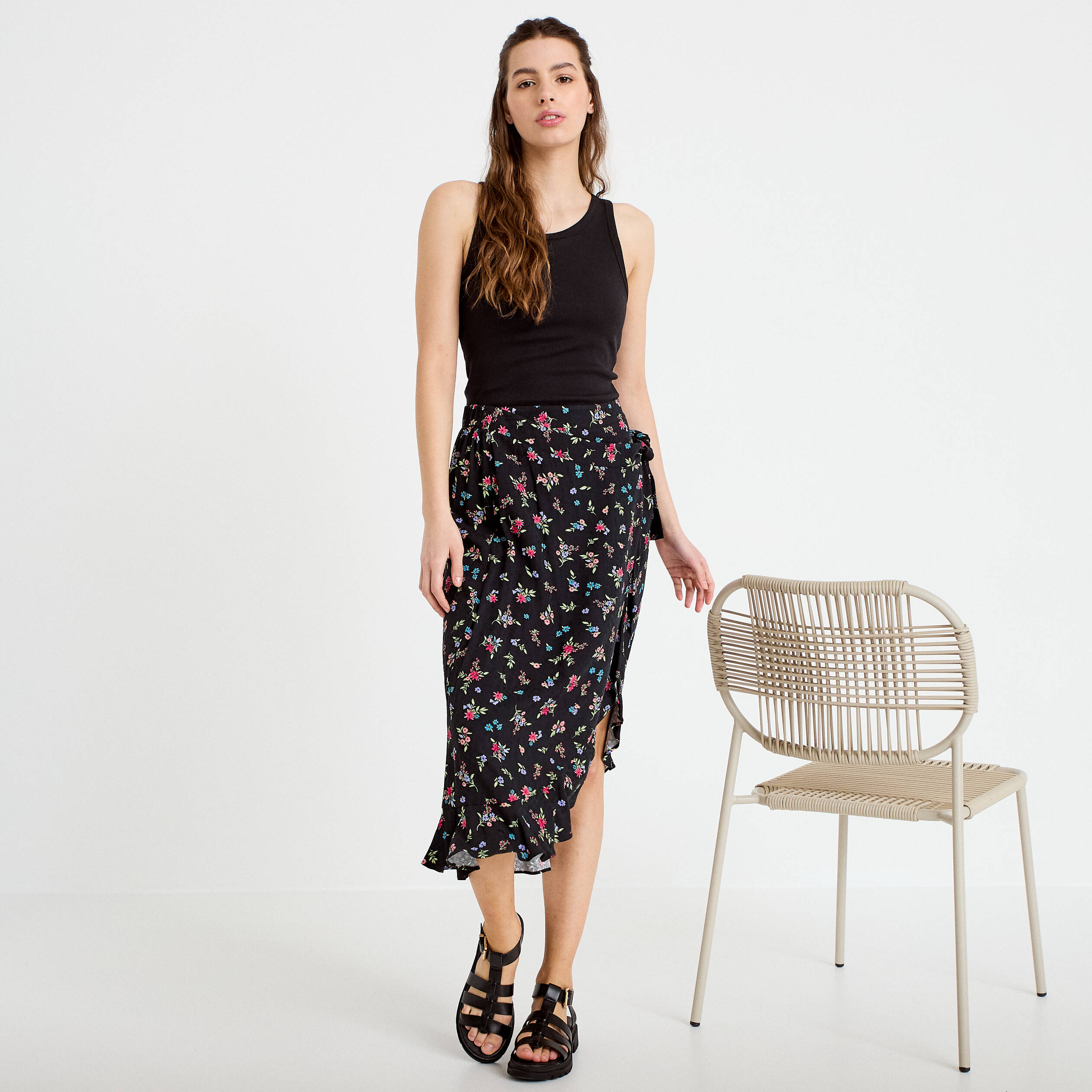Jupe longue portefeuille noir femme