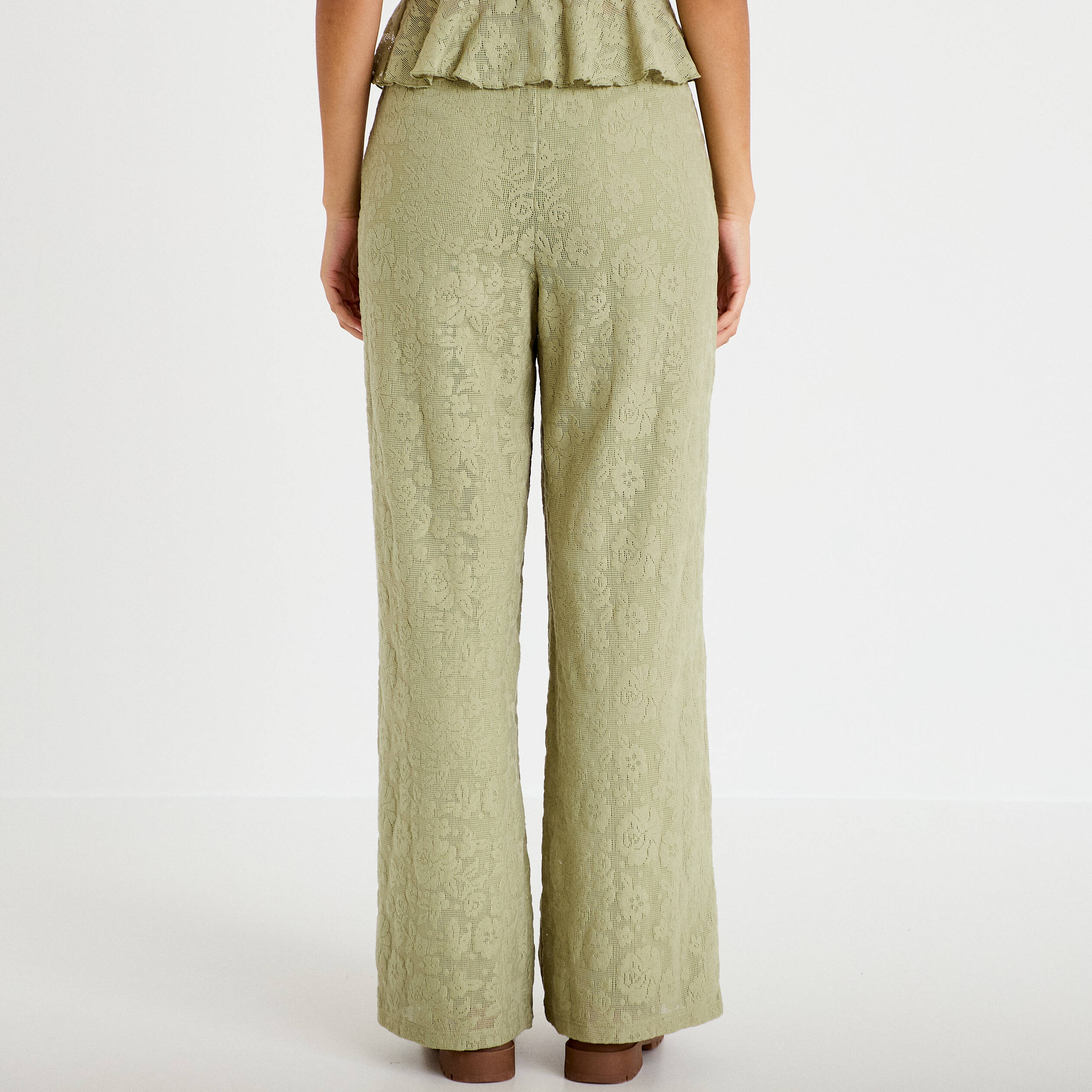 Pantalon large taille haute vert kaki femme