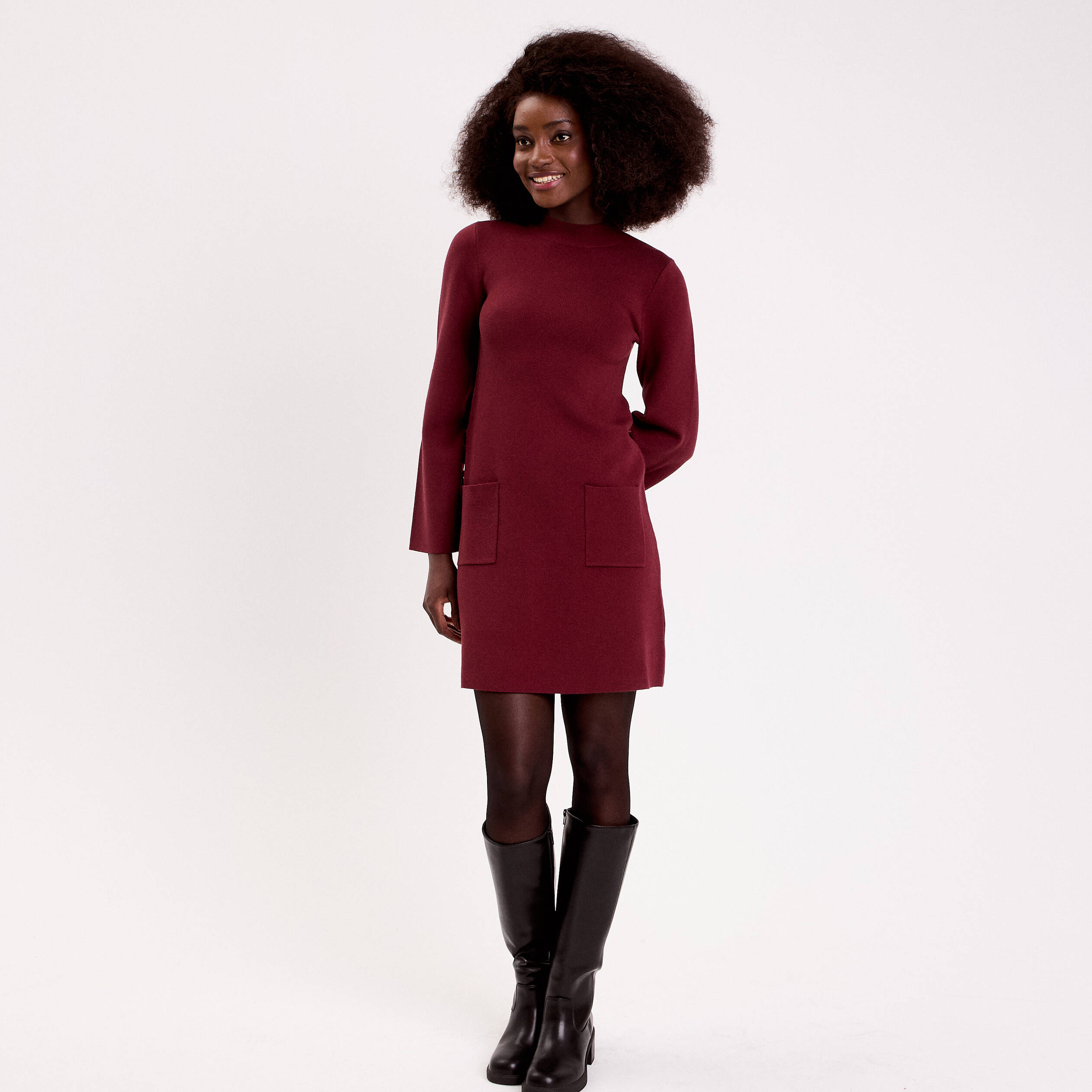 Robe manches longues col montant bordeaux femme