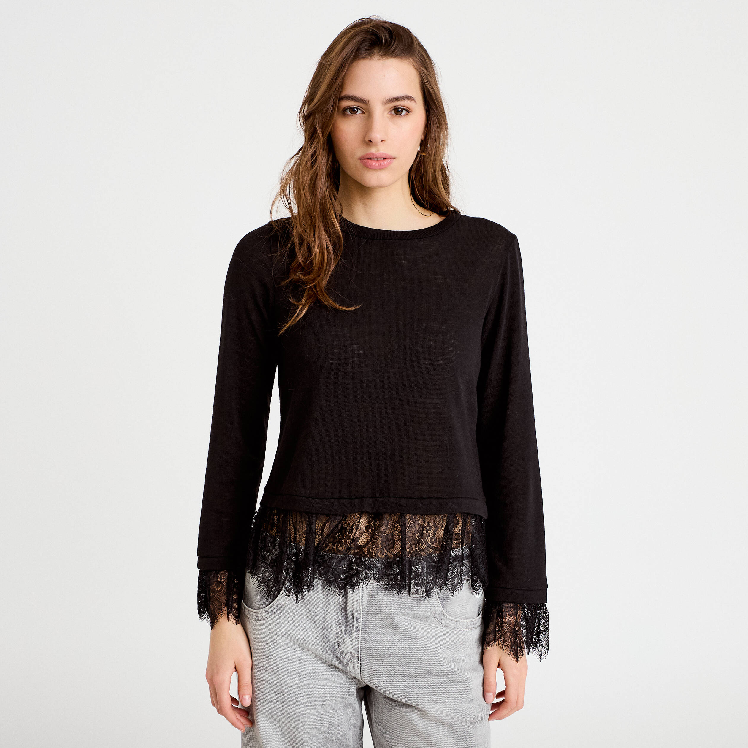 Dentelle Tenue Avec Pull Noir Cardigan élégant à Manches Longues Femme  Bordure En Dentelle, image size:2520x2520