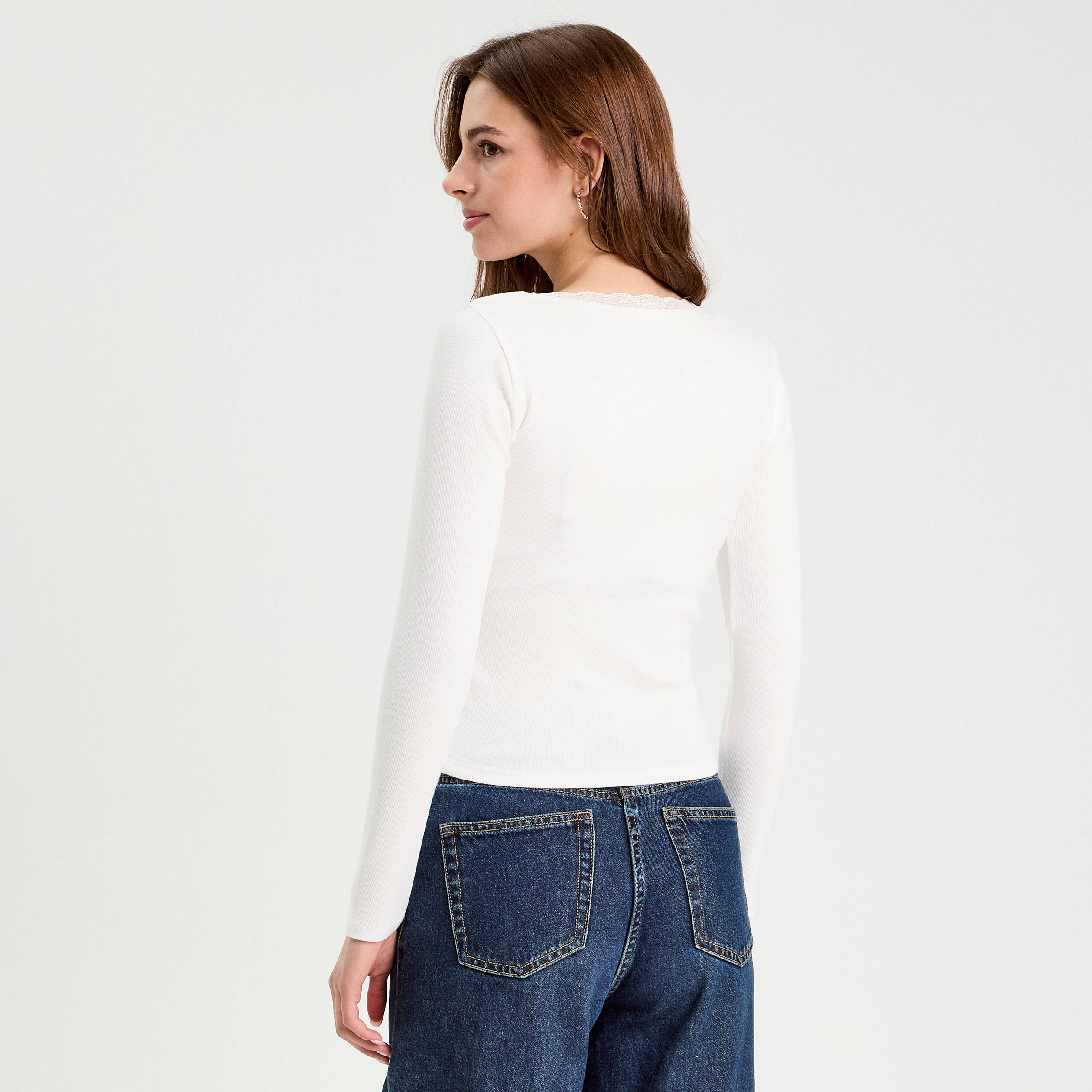 T-shirt manches longues côtelé ecru femme