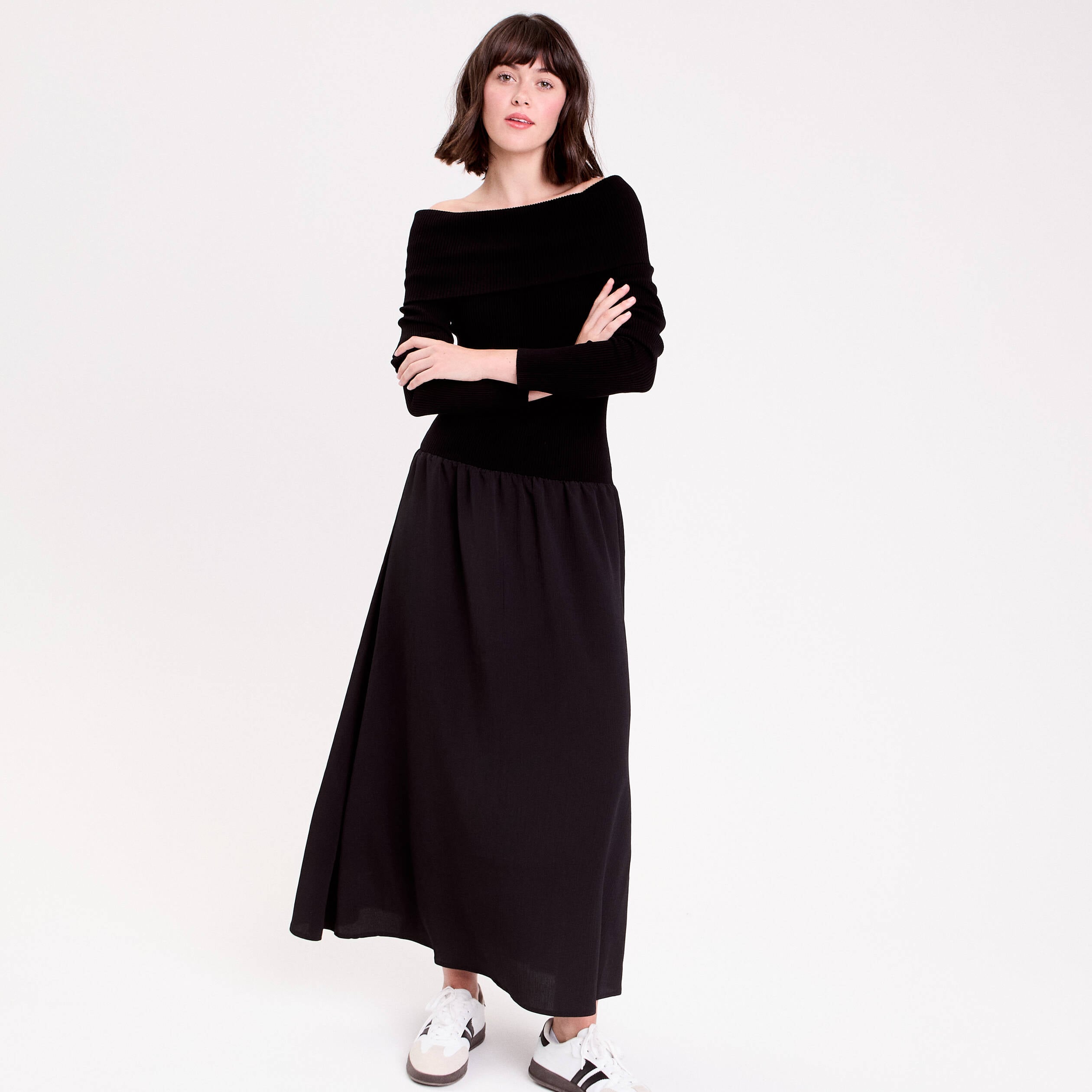 Robe longue effet 2-en-1 col bardot noir femme
