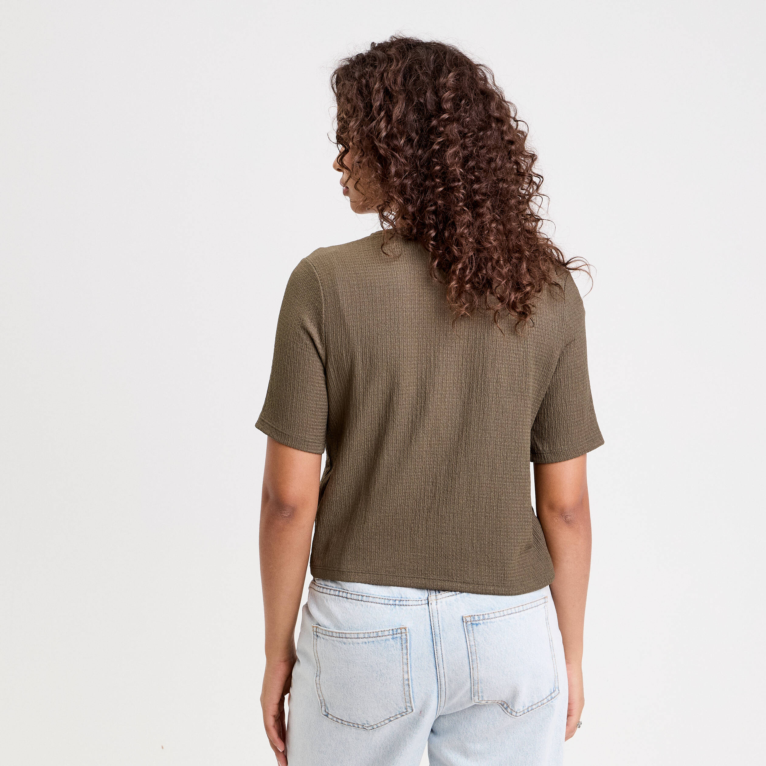 Blouse manches courtes nouée vert kaki femme