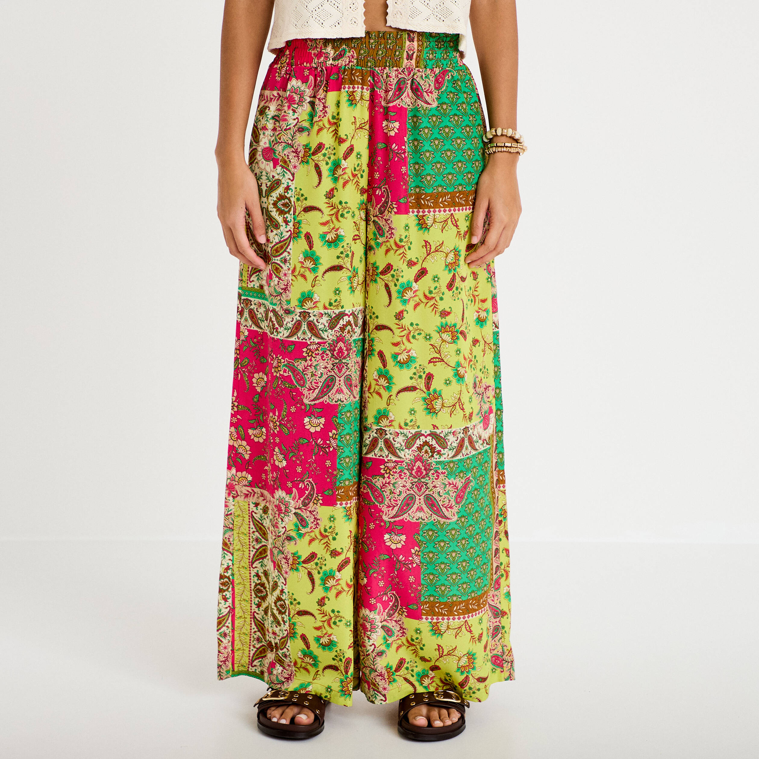 Pantalon large taille standard vert femme
