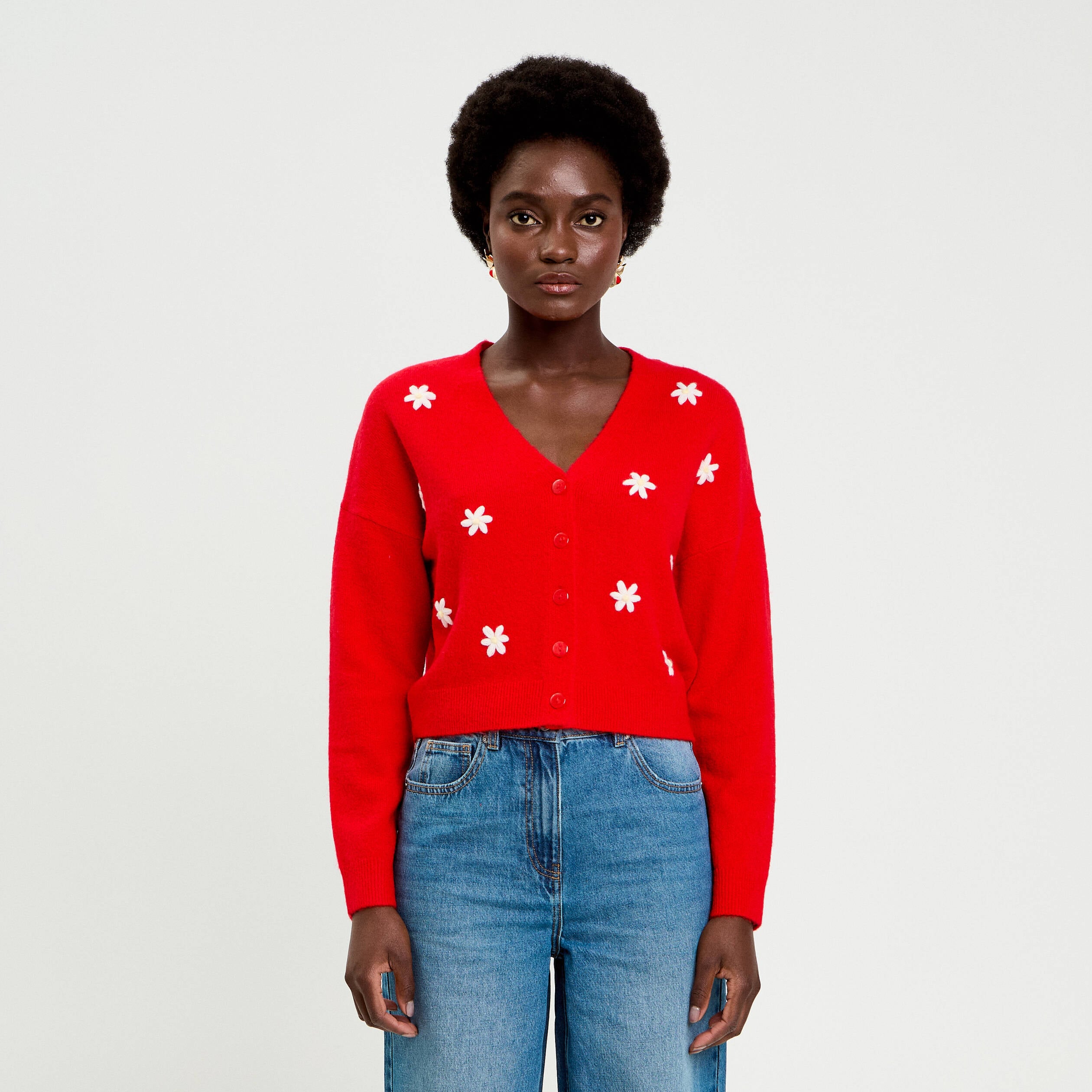 Gilet avec fleurs brod&eacute;es rouge femme