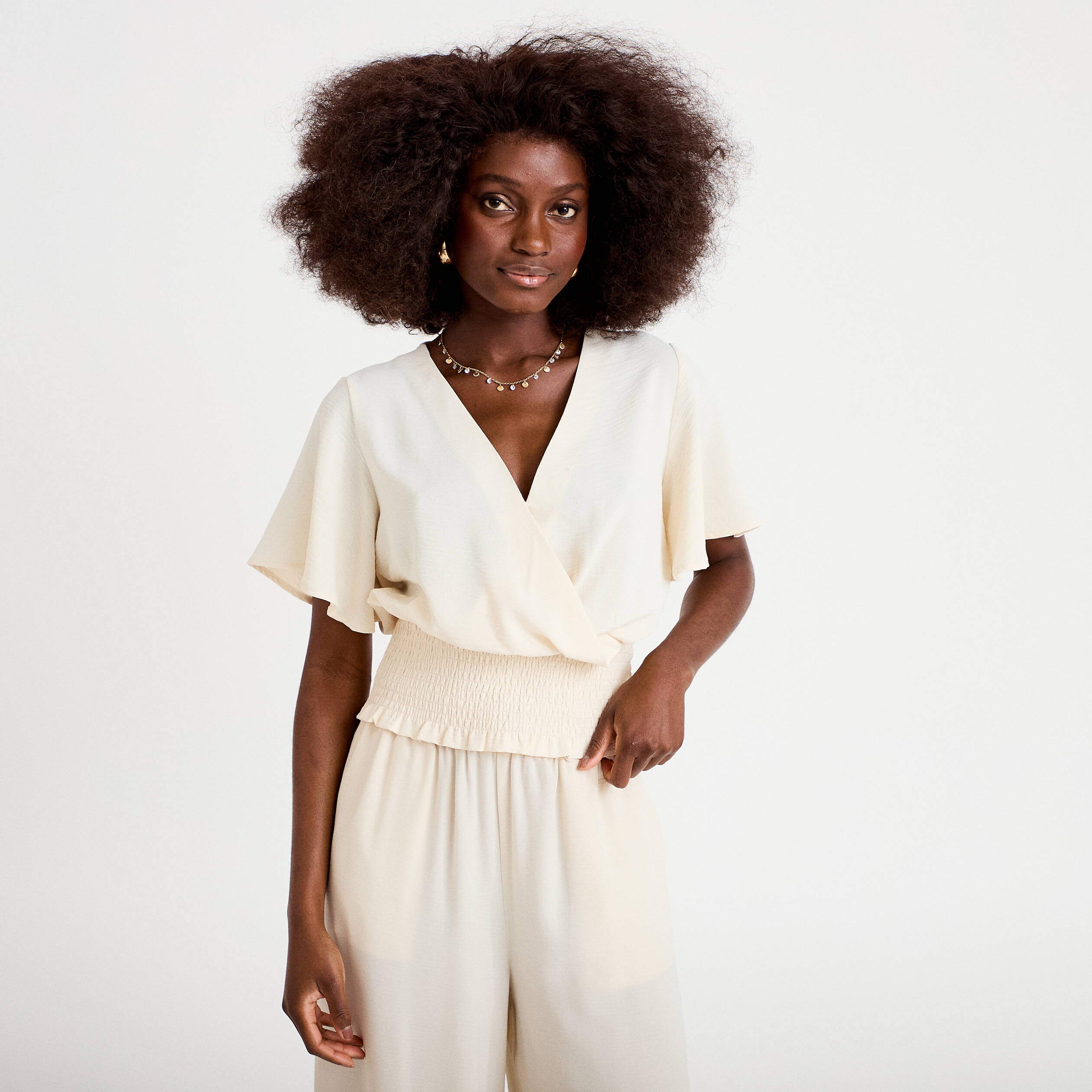 Blouse smock&eacute;e manches courtes ecru femme
