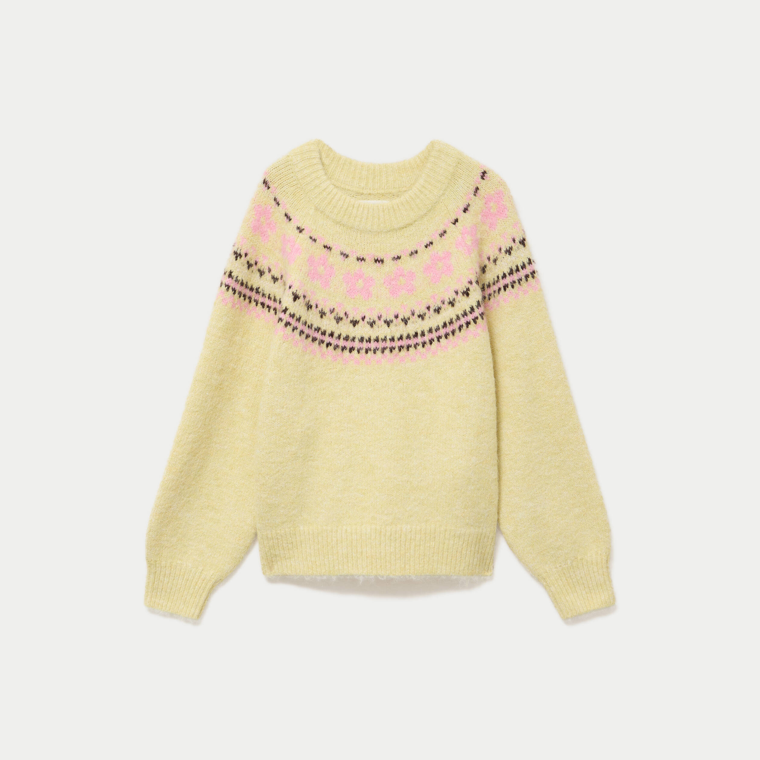 Pull col rond manches longues jaune clair femme