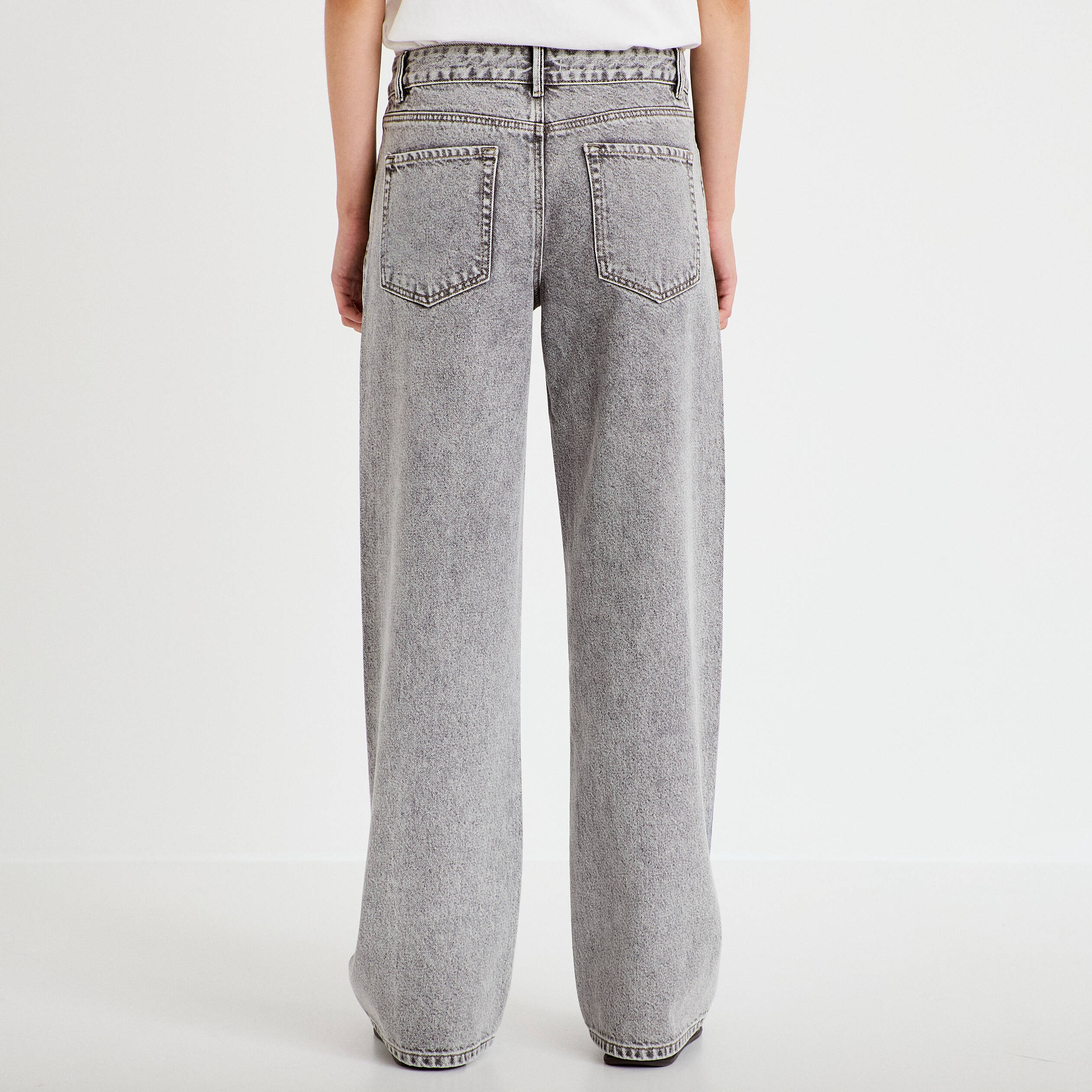 Jean wide leg taille basse strass denim gris femme