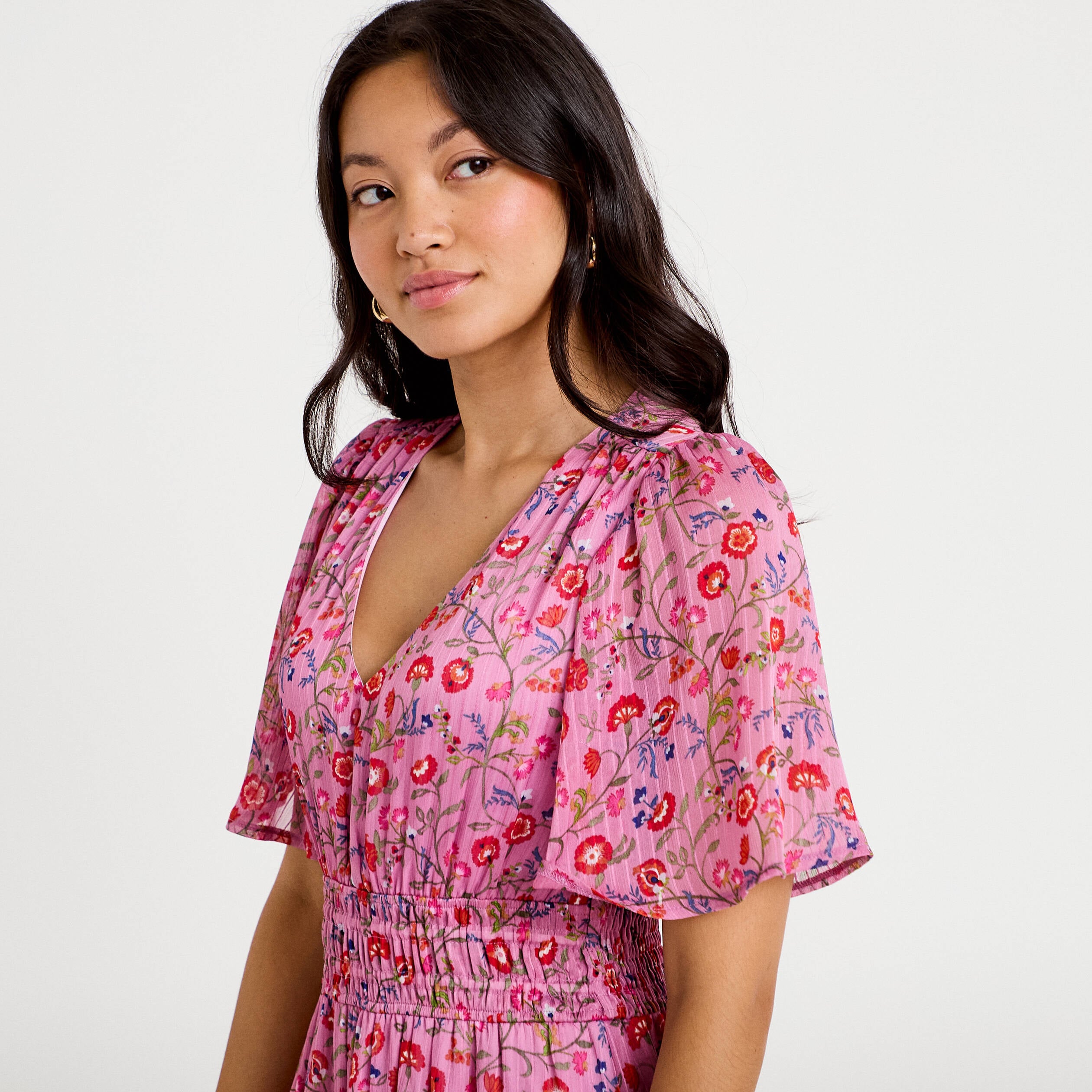 Robe longue &eacute;vas&eacute;e voile manches courtes rose femme