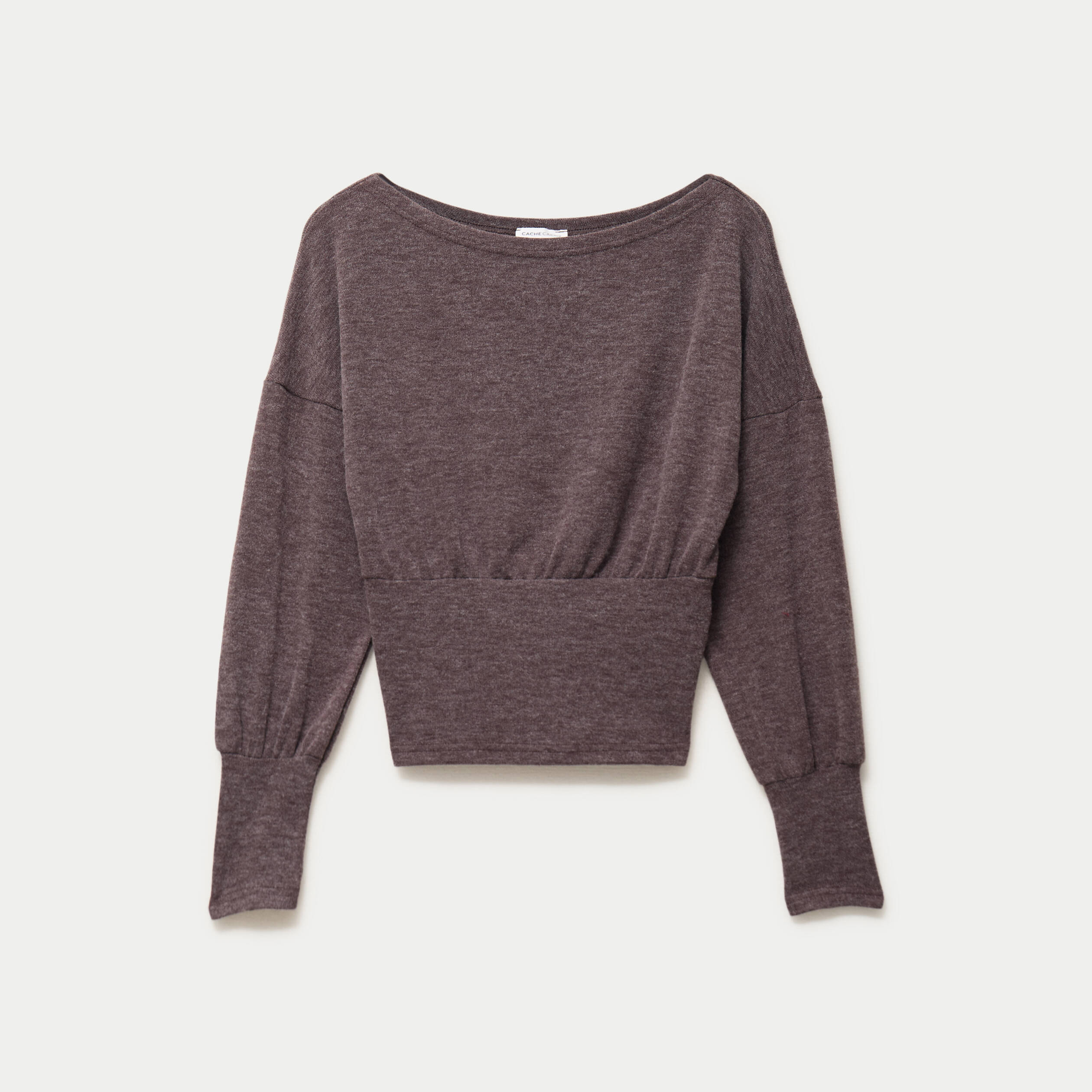 Pull col bateau manches longues marron fonc&eacute; femme