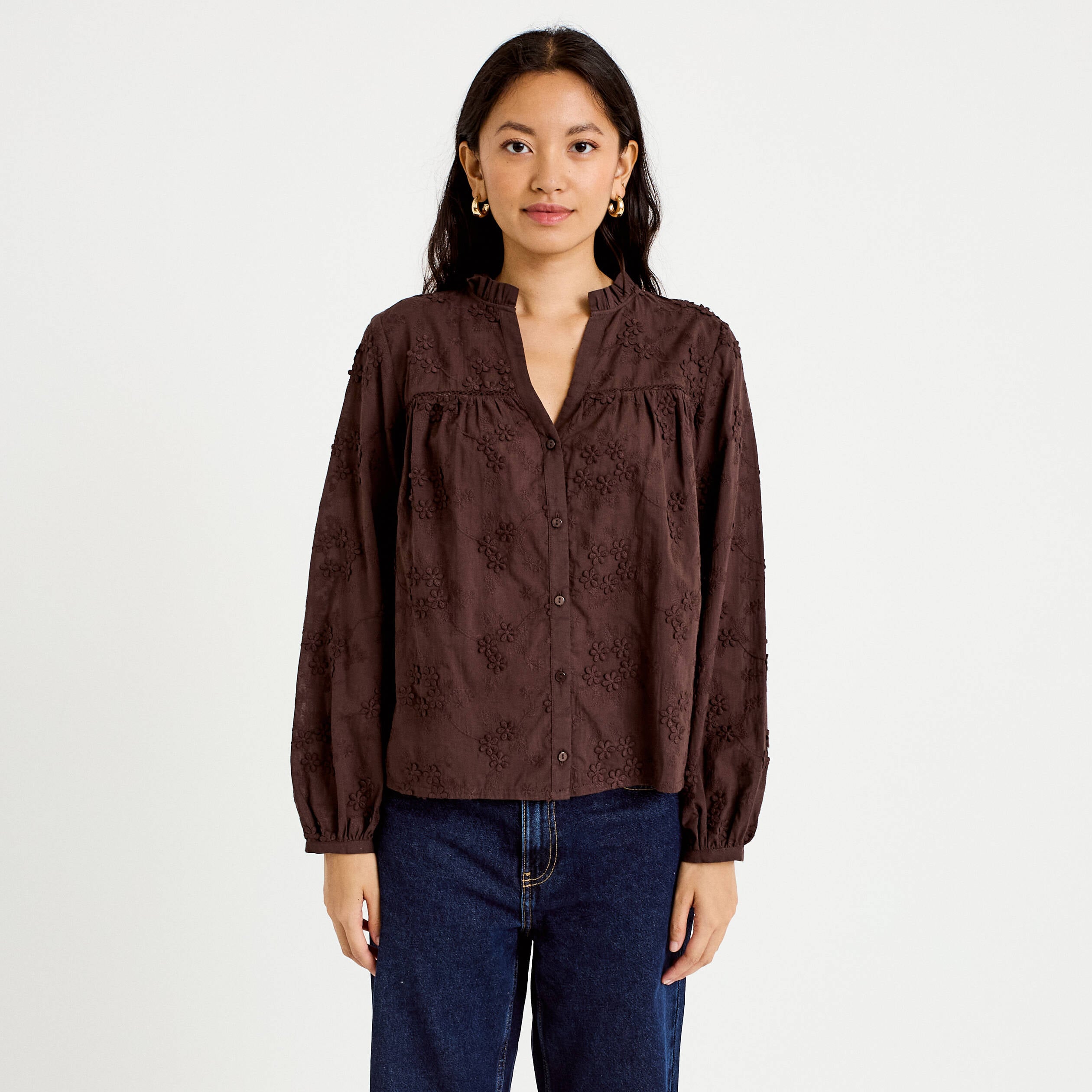 Blouse droite col rond manches longues marron fonc&eacute; femme