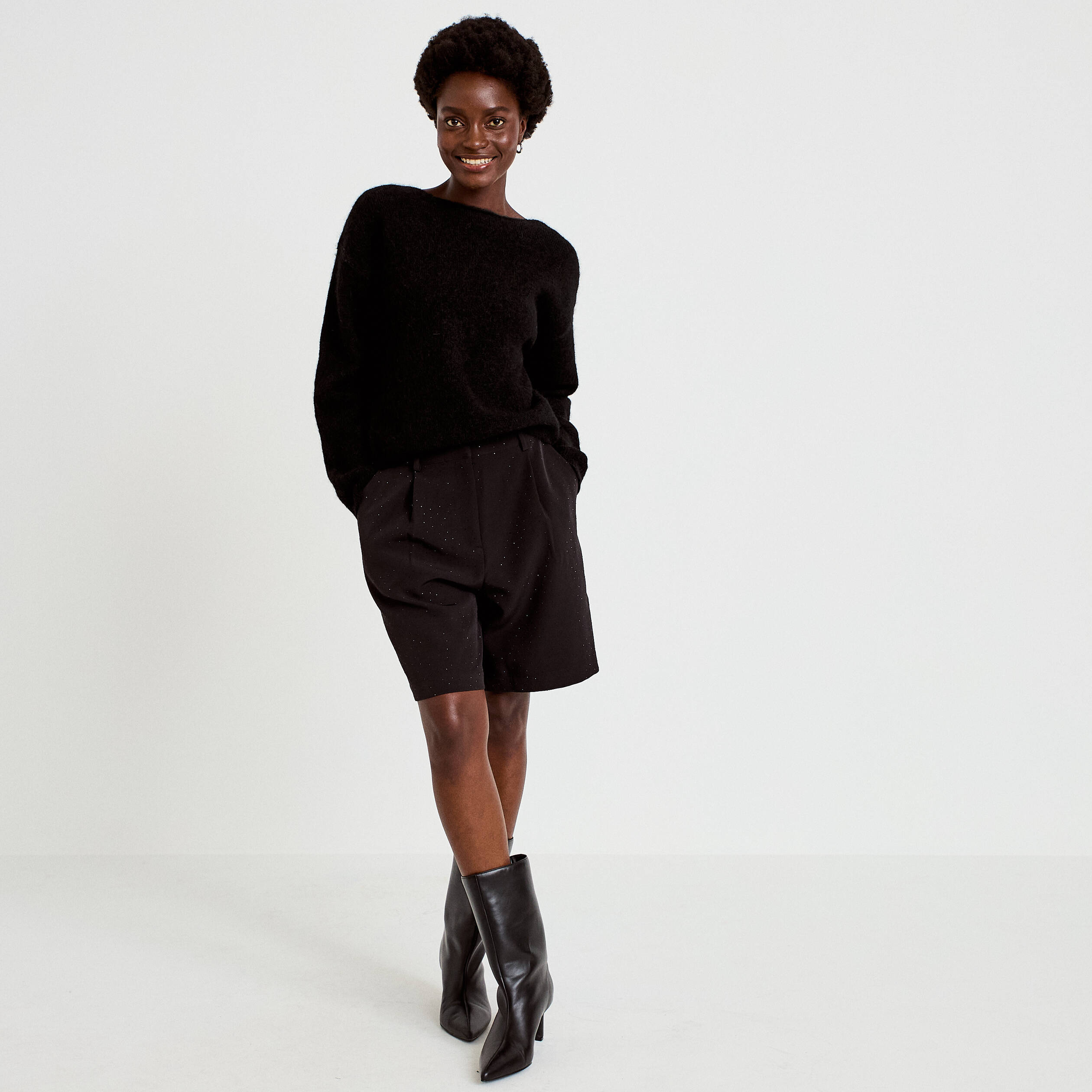 Pull col rond manches longues noir femme