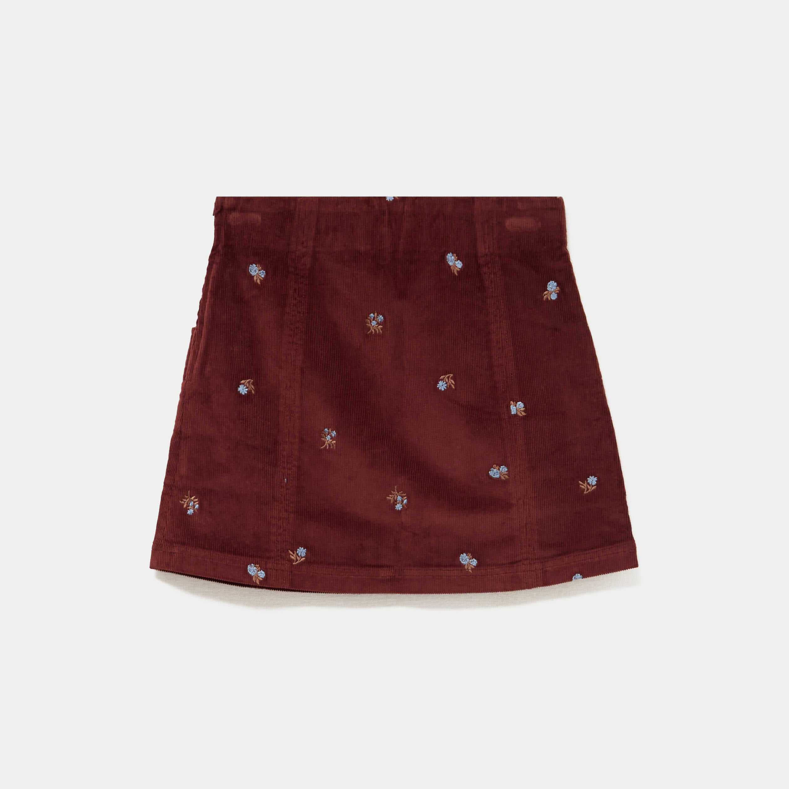 Jupe courte trap&egrave;ze en velours brod&eacute; marron femme