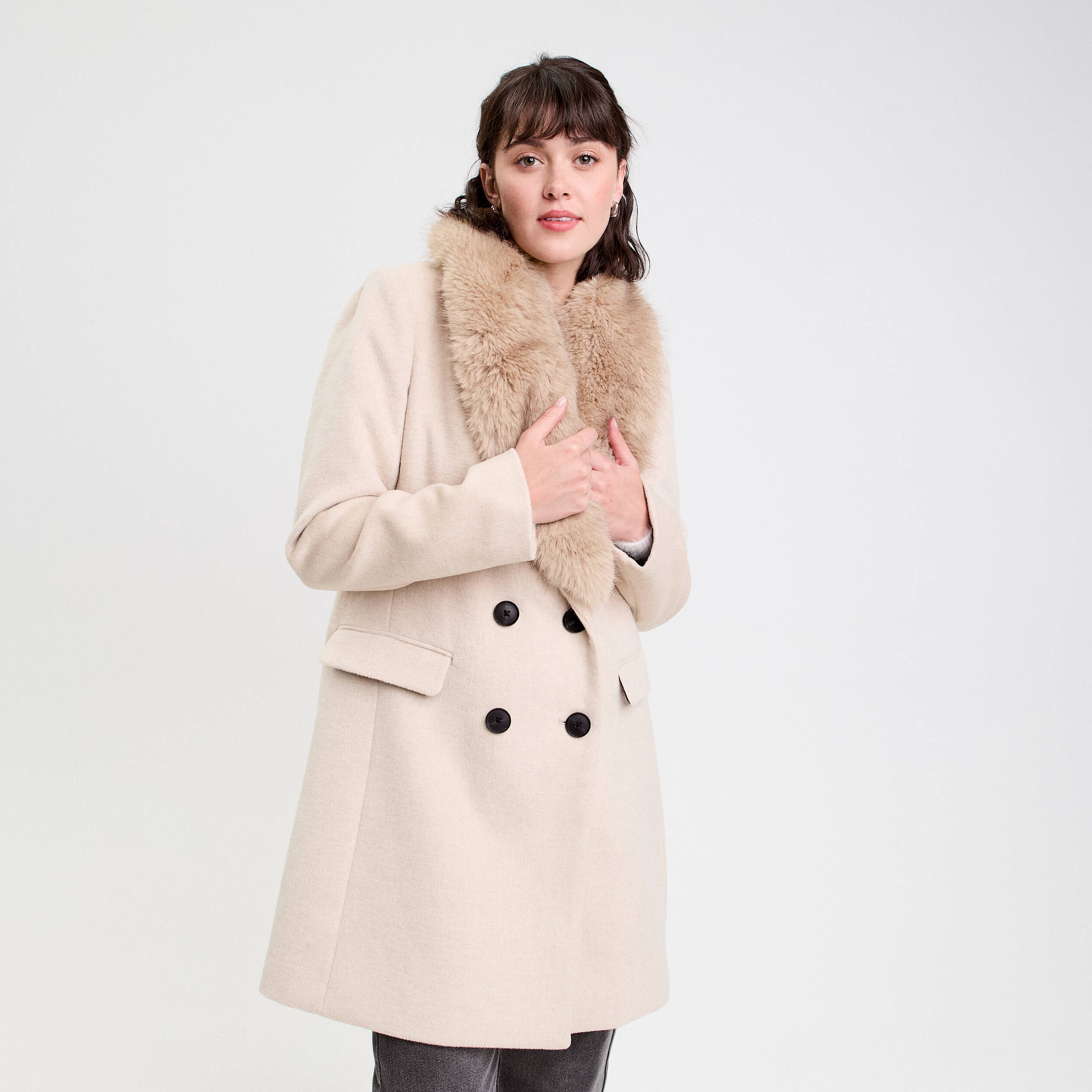 Wool Coat Fourrure Col Manteau Fourrure Femme Beige Manteau Effet