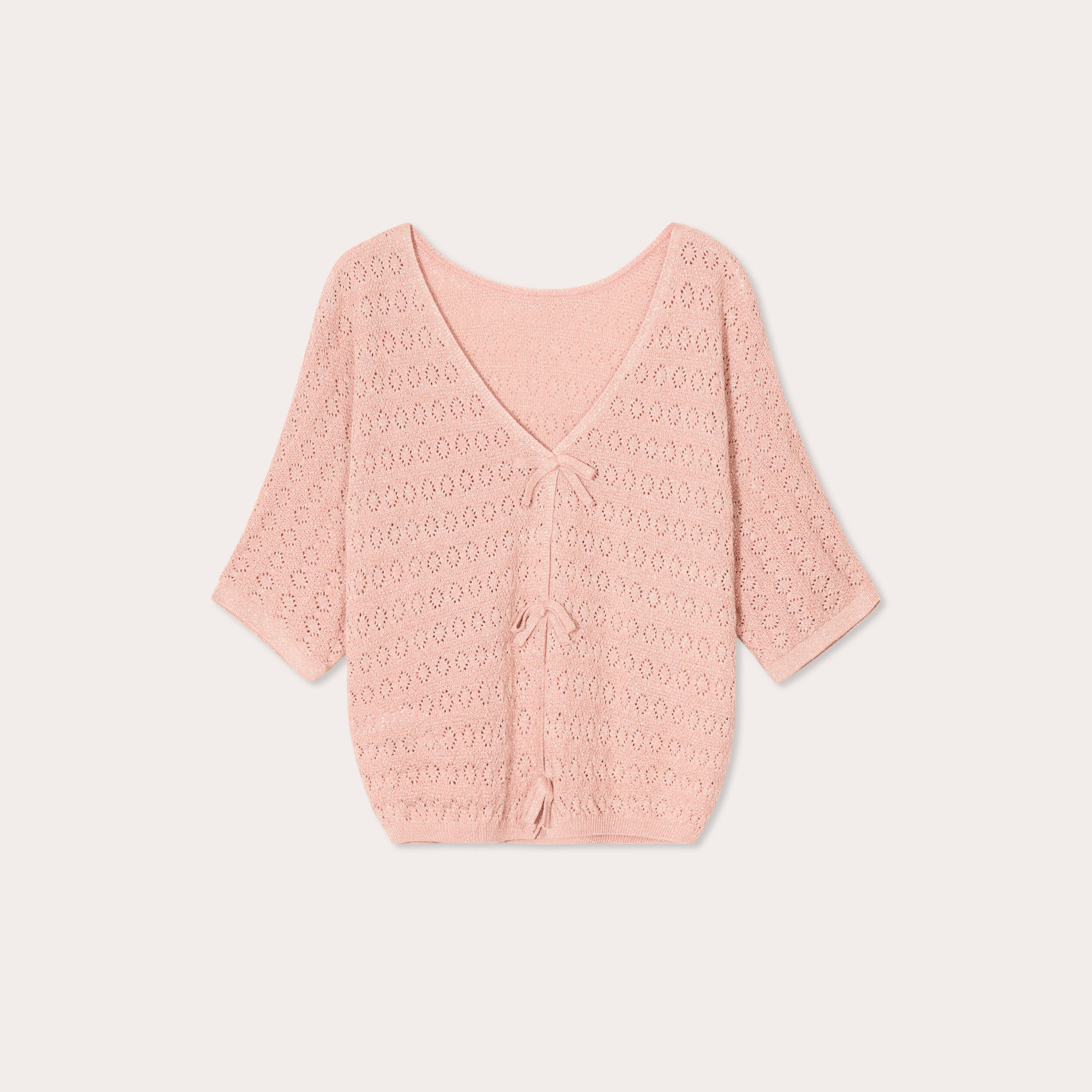 Pull ajour&eacute; manches 3/4 rose pastel femme