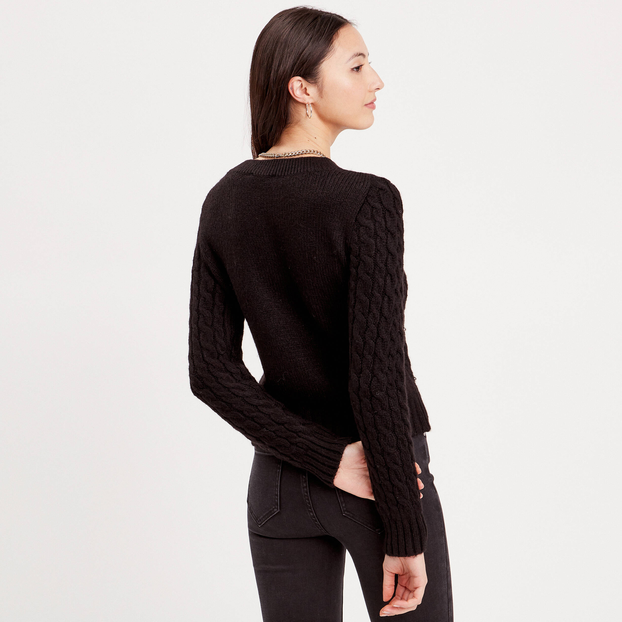 Pull avec torsades et perles noir femme