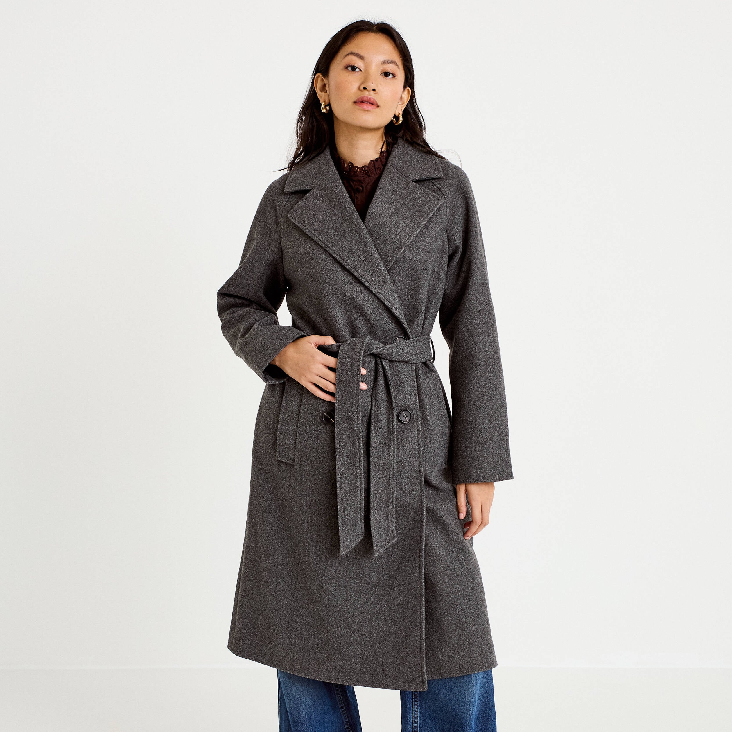 Manteau droit mi-long &agrave; manches longues gris femme
