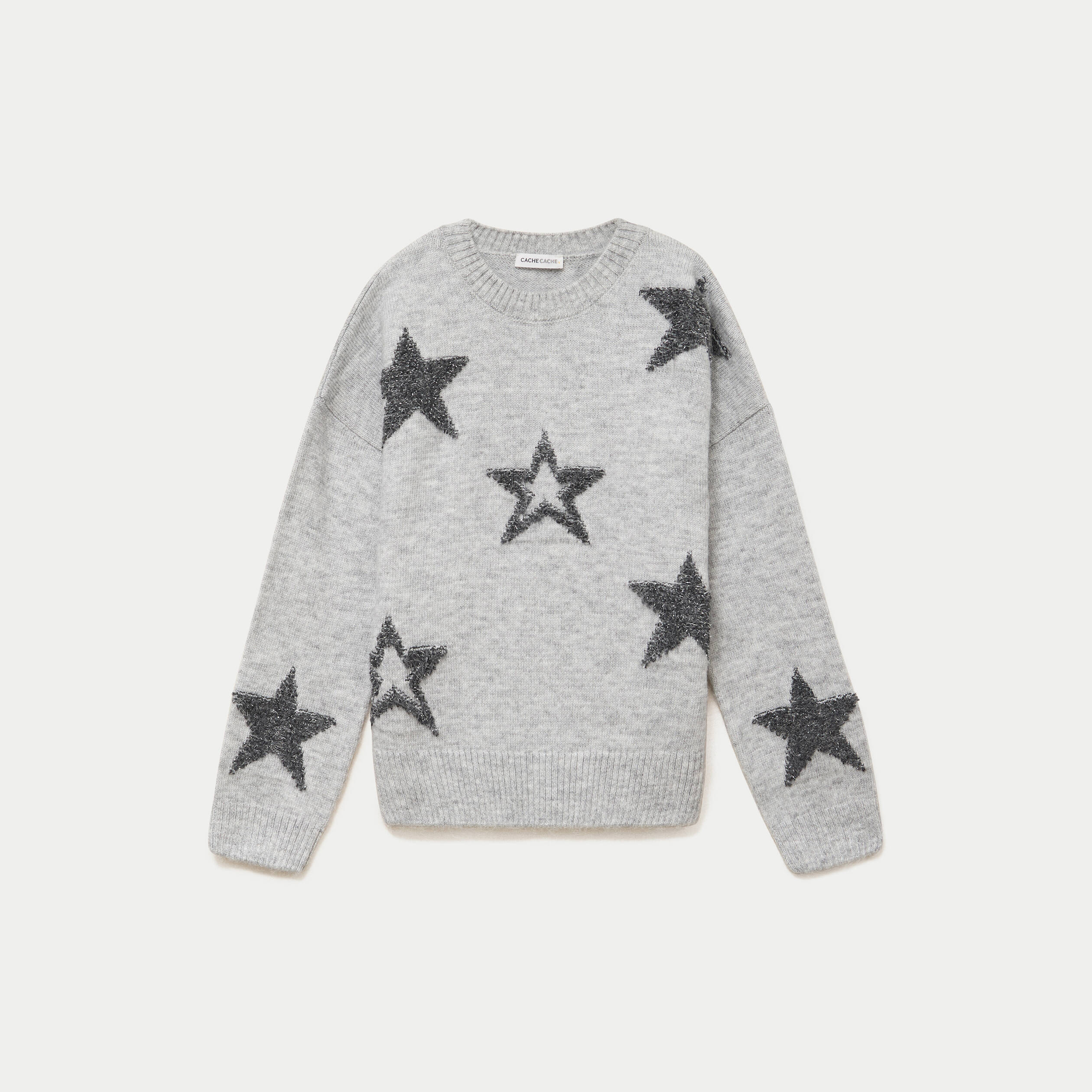 Pull col rond manches longues gris clair femme