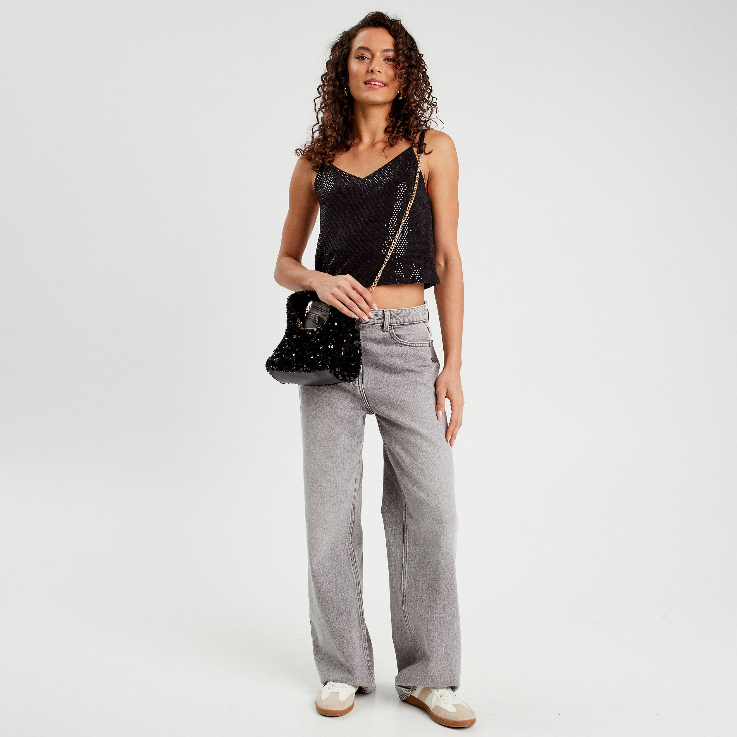D&eacute;bardeur cropped paillettes noir femme