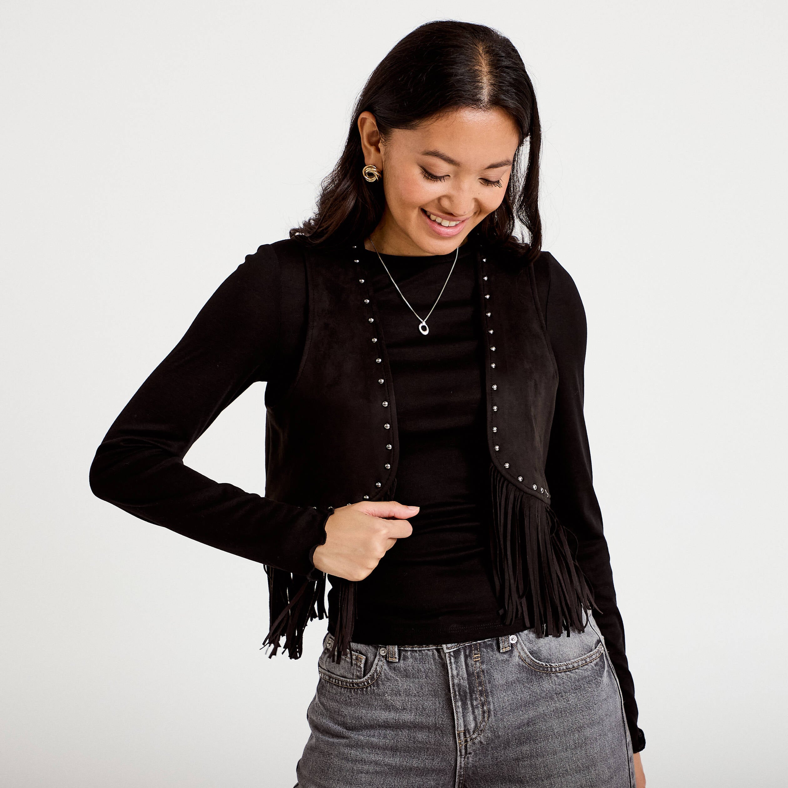 Gilet droit sans manches aspect daim noir femme