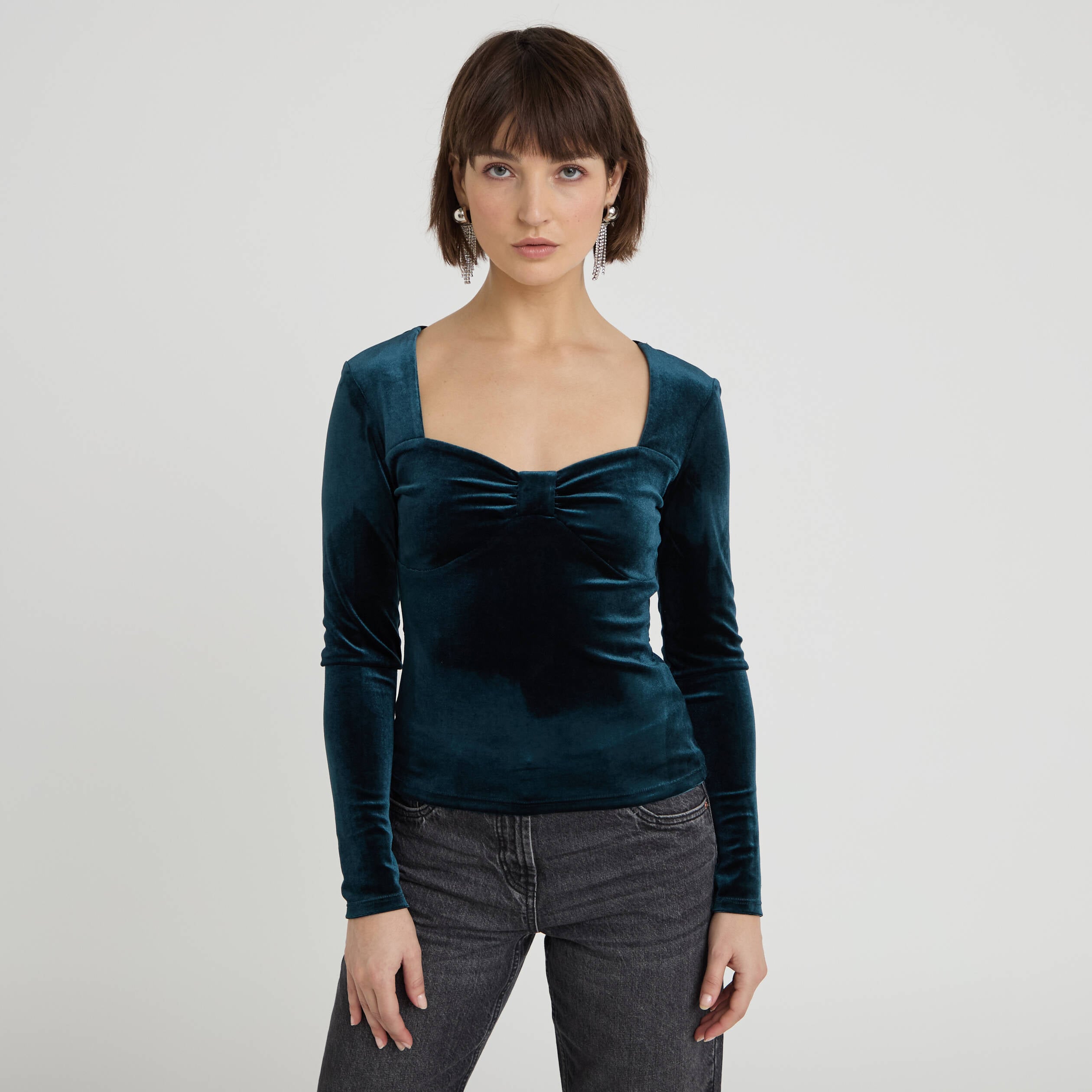 Top ajust&eacute; velours bleu canard femme