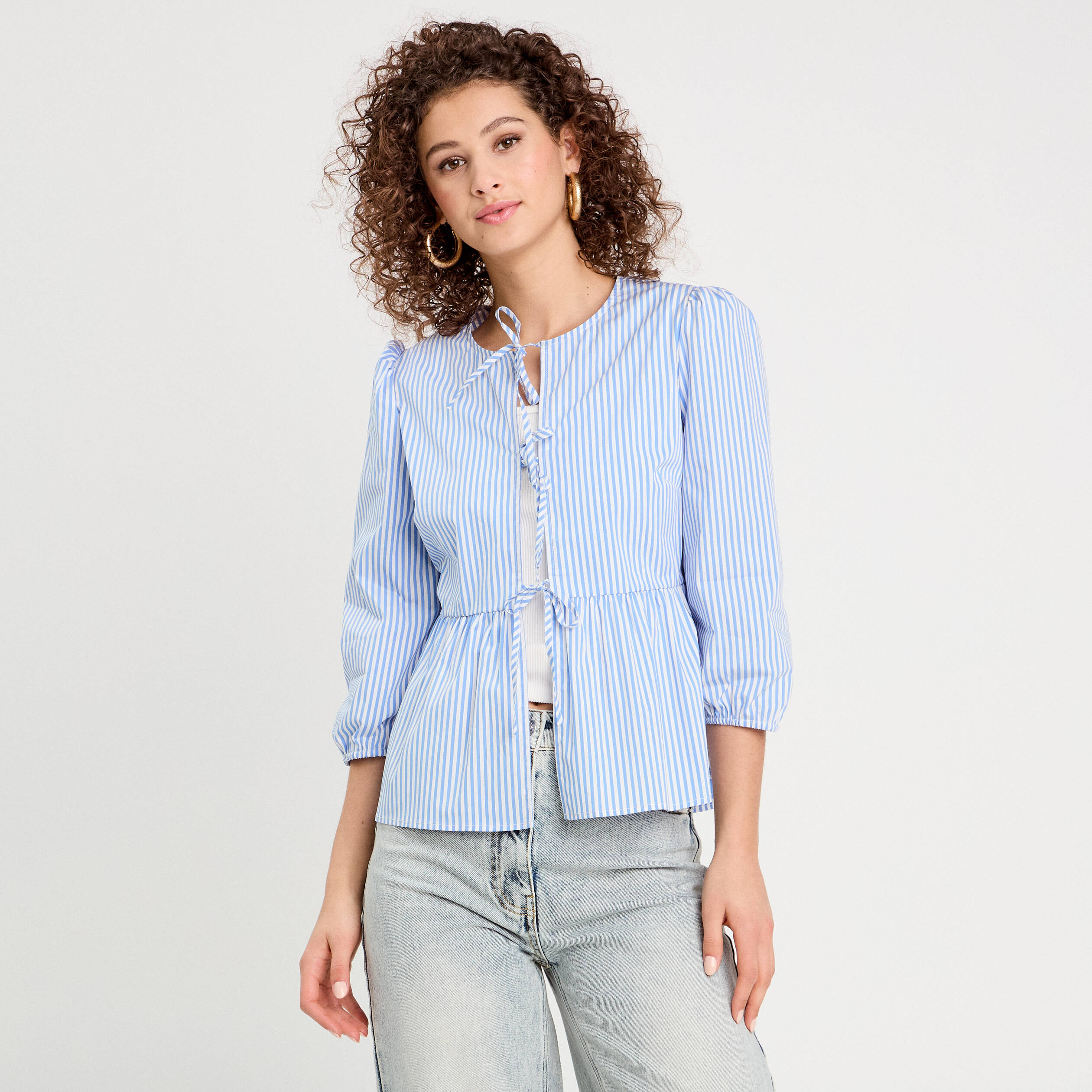 Blouse manches 3/4 nou&eacute;e bleu fonc&eacute; femme